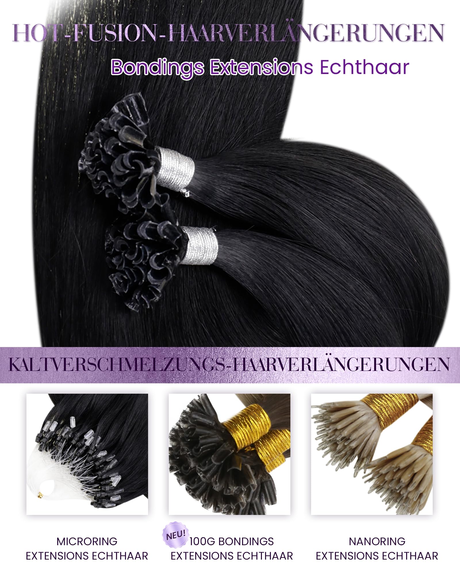 Laavoo Echthaar Extensions 60cm Schwarz Keratin Bondings Glatt Remy Haar 50g