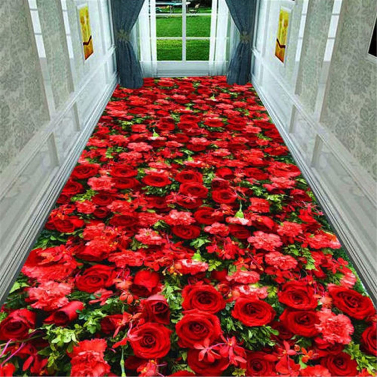 Alfombras de pasillo con estampado de rosas rojas de 2.6 x 7 pies, alfombras antideslizantes para pasillo y sala de estar, alfombra de corredor de
