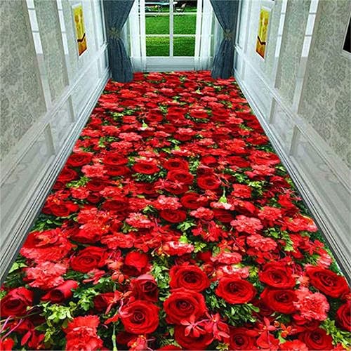 Alfombras de pasillo con estampado de rosas rojas de 2.6 x 7 pies, alfombras antideslizantes para pasillo y sala de estar, alfombra de corredor de