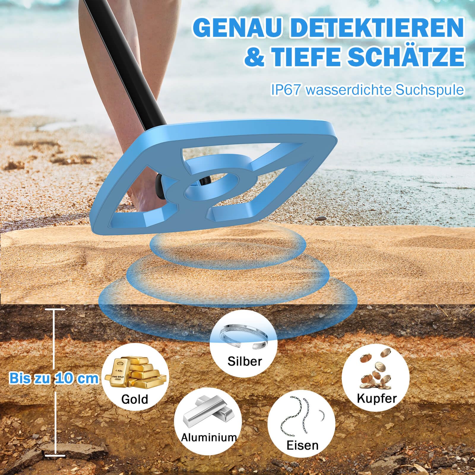 Metalldetektor Kinder Set mit Rucksack, Schaufel & Harke | Leichter Verstellbarer Detektor für 8–12 Jahre | IP67 wasserdichte Suchspule, 10 cm Tiefe | Outdoor Schatzsuche Lern- & Spielzeug Geschenk