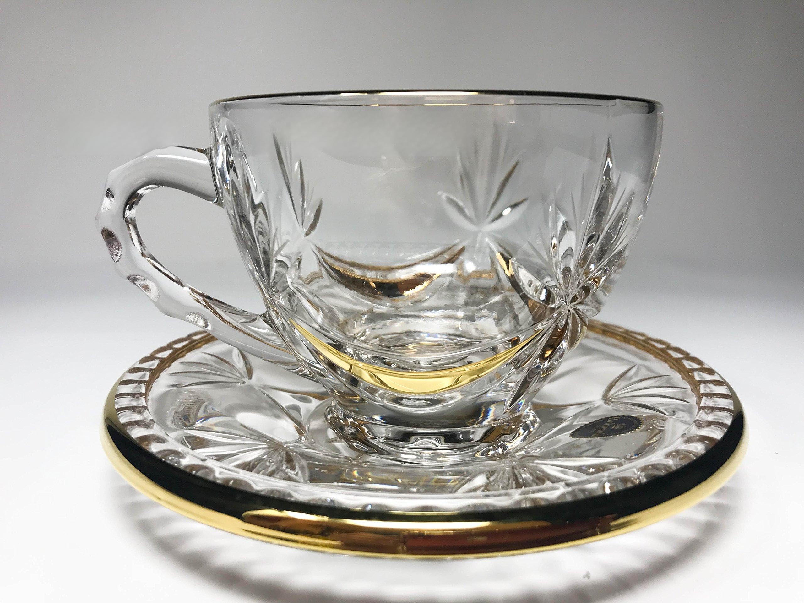 CZECH BOHEMIAN CRYSTAL GLASS SET of 6+6 Tea/Coffee 6-CUPS 5oz./150ml.+ 6-SAUCERS GOLD PLATED CRYSTAL GLASS DEMITASSE SET ELEGANT CLASSIC VINTAGE DESIGN DECORATIVE GIFT WEDDING BIRTHDAY HOUSEWARMING
