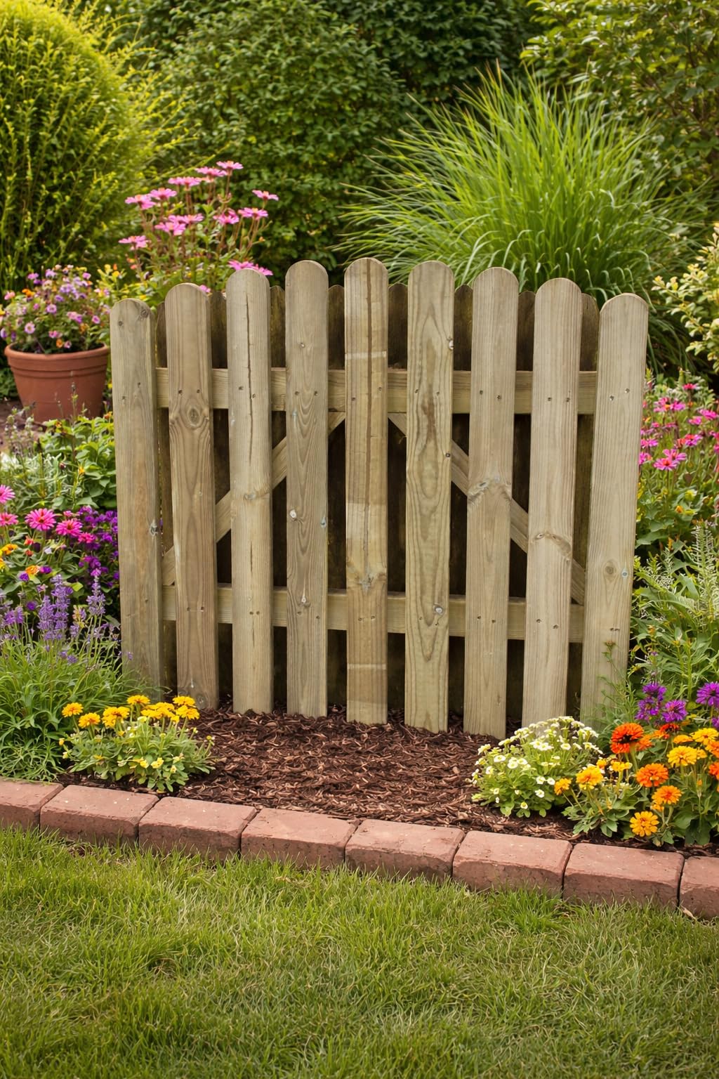 Wooden Garden Arched Picket Gate Pressure Treated Timber Pedestrian Fence Gate, Outdoor Wooden Garden Gate with Picket Design (120cm High x 90cm Wide x 5cm Deep)