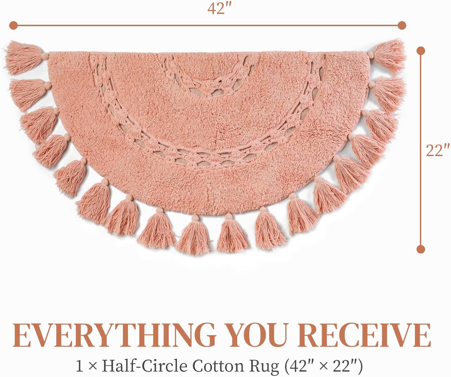 boho bathroom rugs - half-circle cotton rug with crochet insert, tassels & non-slip backing - soft bohemian bath mat for bathroom, bedroom or entryway - dusty pink 42x22 semi-circle pink