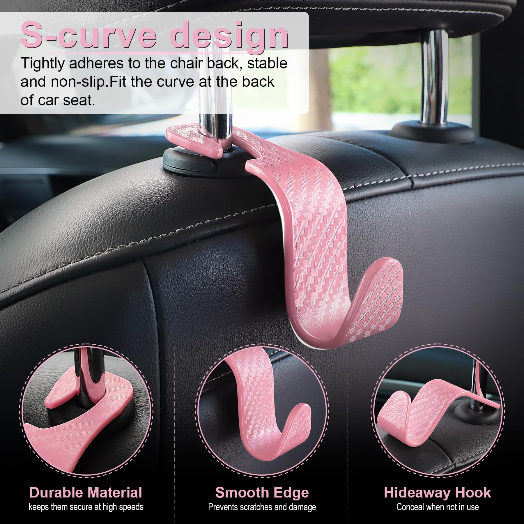 LivTee Gancho universal para bolso de coche, gancho para reposacabezas de coche, 4 unidades, organizador universal para bolso, abrigos, paraguas, bolsas de comestibles, accesorios de coche, fibra de