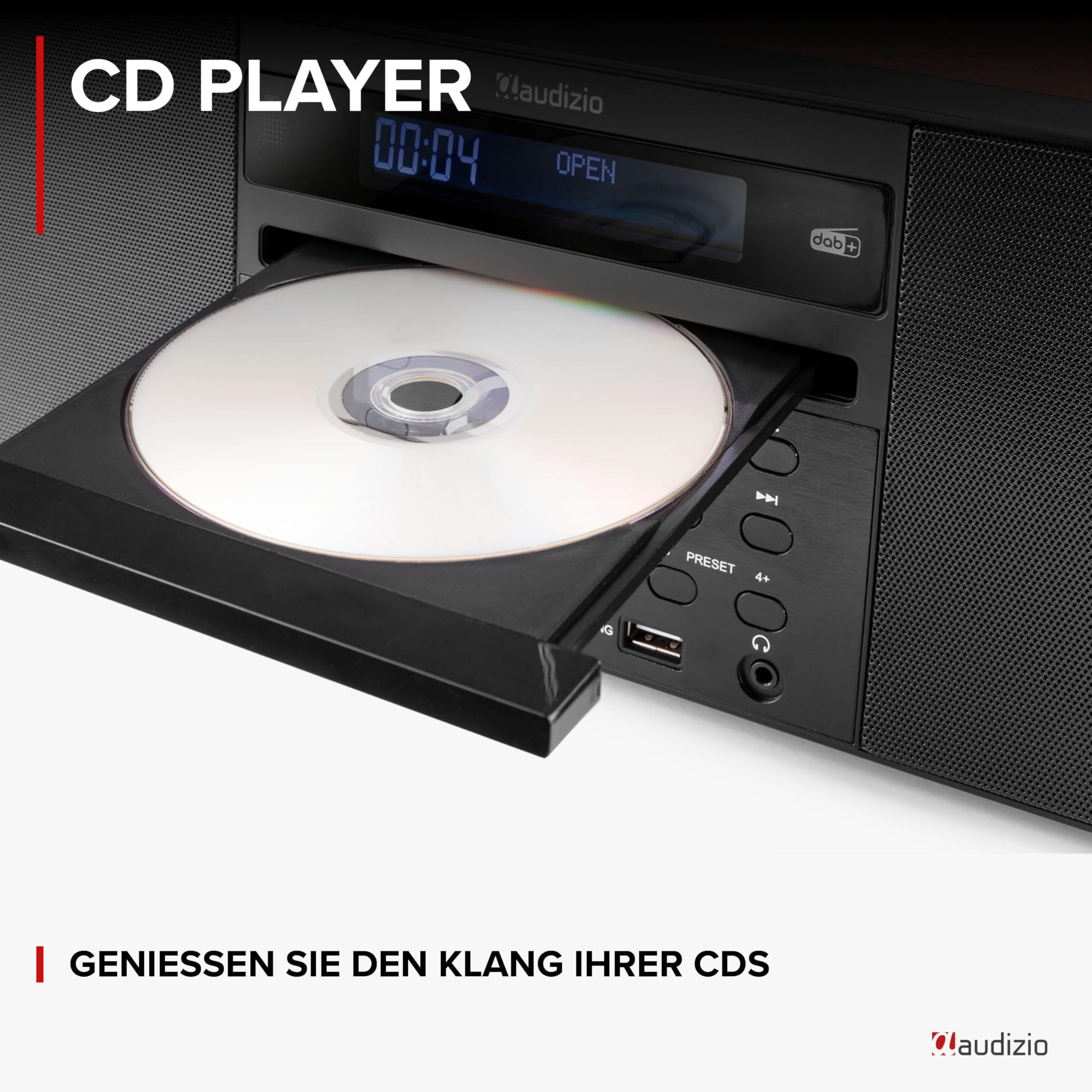 Audizio Prato - DAB Radio mit CD Player, MP3-Player, Bluetooth Radio, USB, DAB+, FM-UKW, Fernbedienung, Sleeptimer, Kompaktanlage mit Weckfunktion, Braun