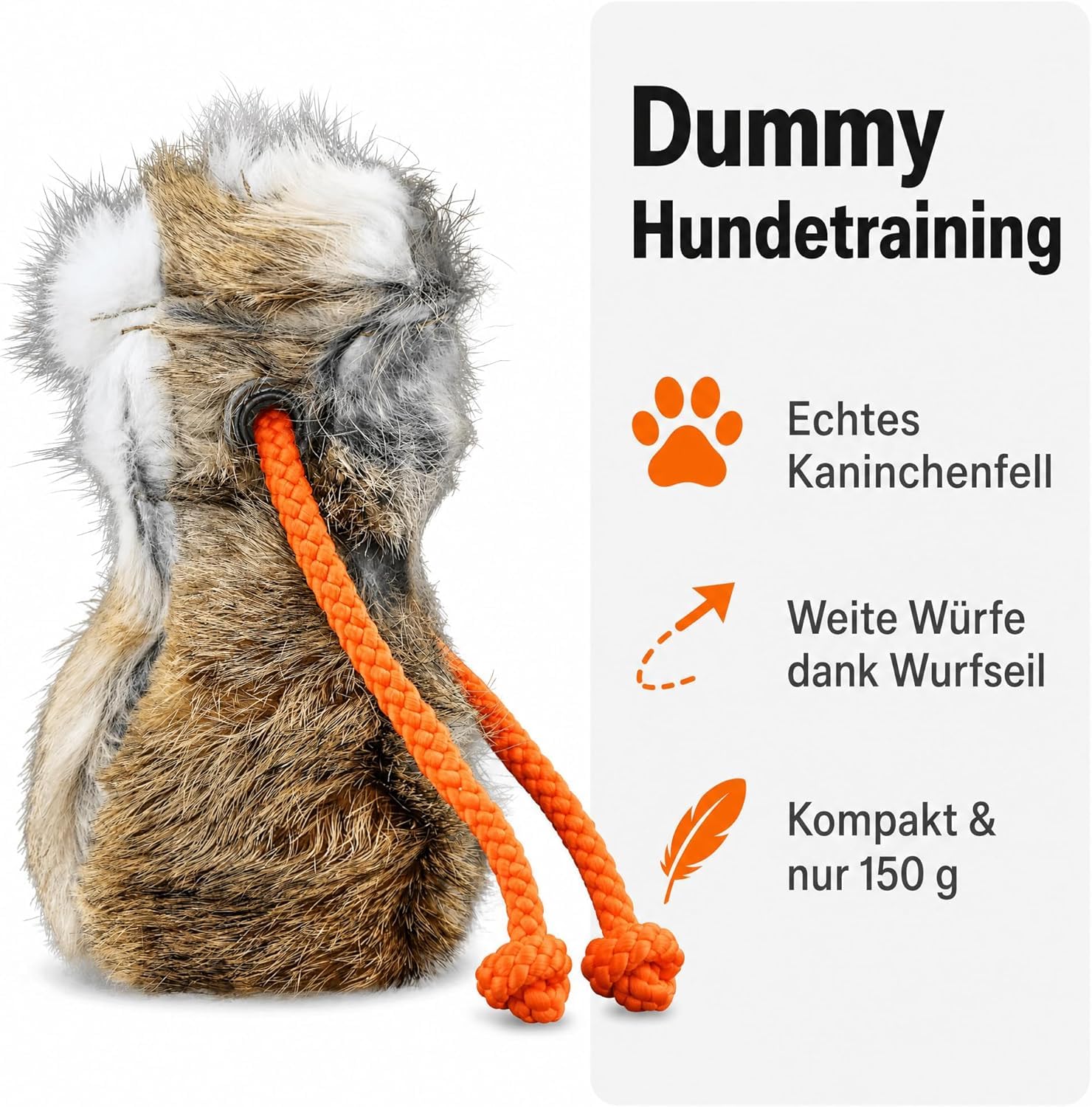 Romneys Dummy Hundetraining, Dummyball aus echtem Kaninchenfell mit neonoranger Wurfschnur, Apportierdummy Wurfball für Hunde mit Seil, Ø 8 cm, 150 g, robuste Metallöse, Outdoor
