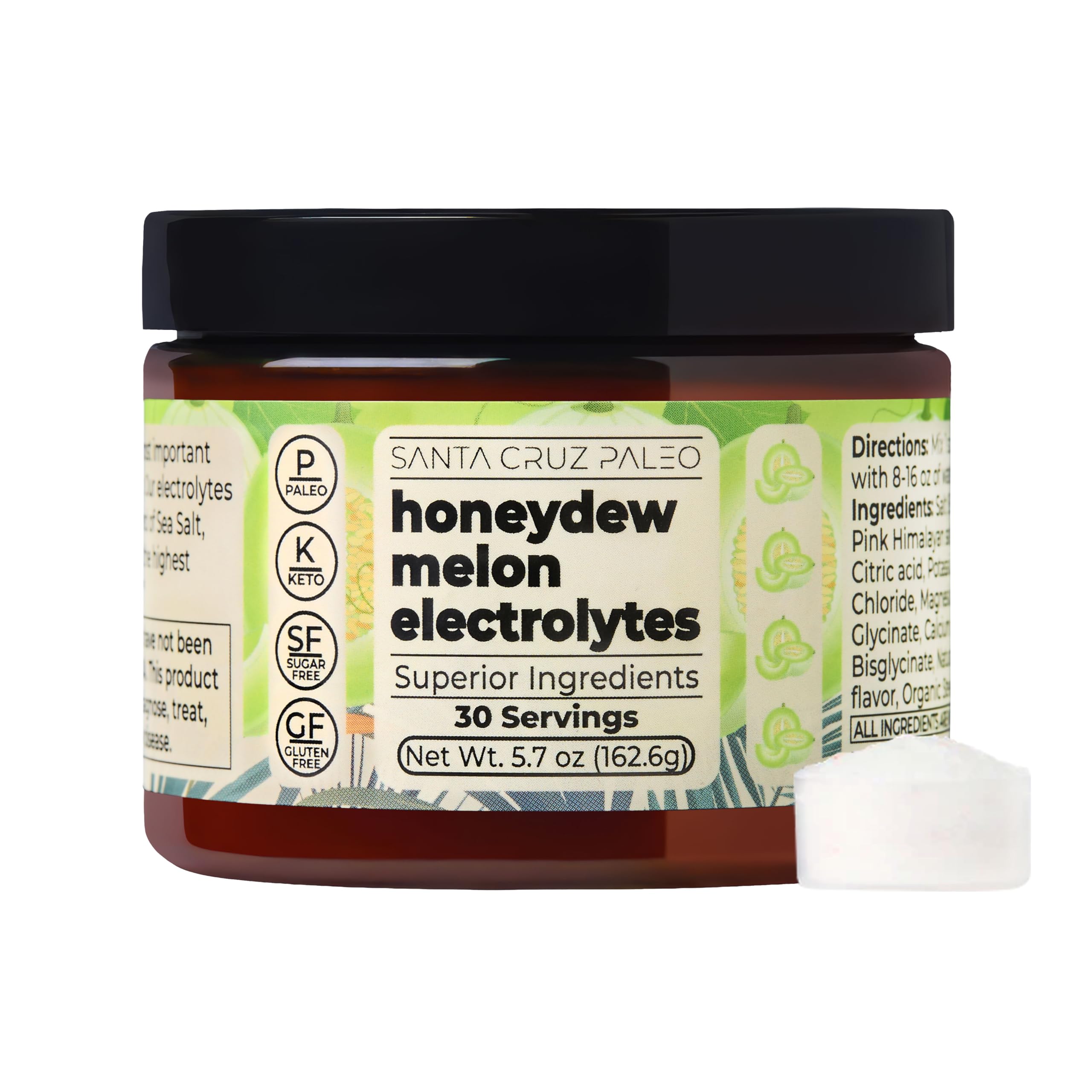 Santa Cruz Paleo Electrolyte Powder, Honeydew Melon Flavor, Sugar Free Hydration Drink Mix with Himalayan Pink Salt, Sea Salt, Magnesium Glycinate, Potassium Chloride, Sweetened with Stevia, 30 Srvgs