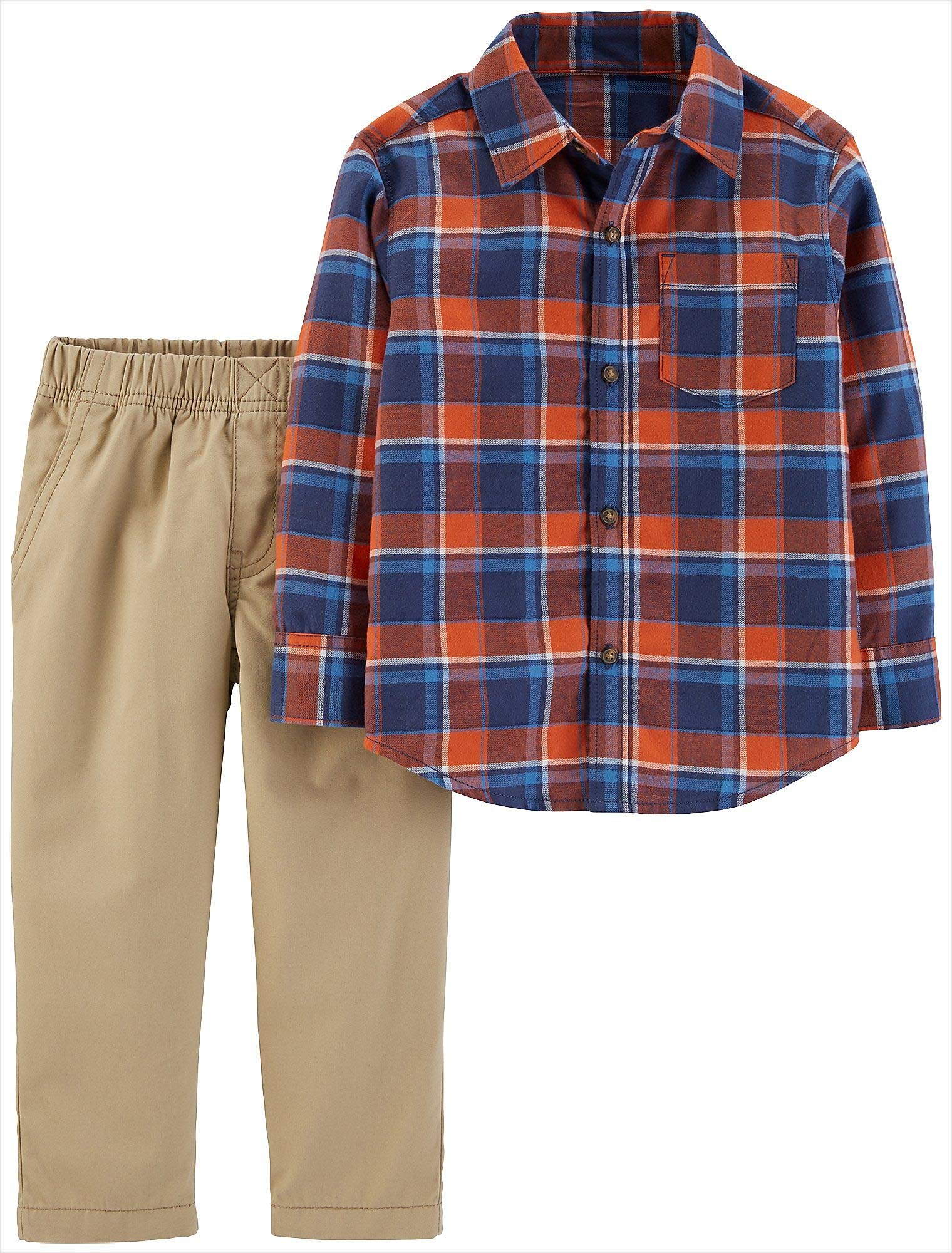 Carter's Boys' 2-Piece Long Sleeve Top and Pants Set (4T, Plaid/Khaki)