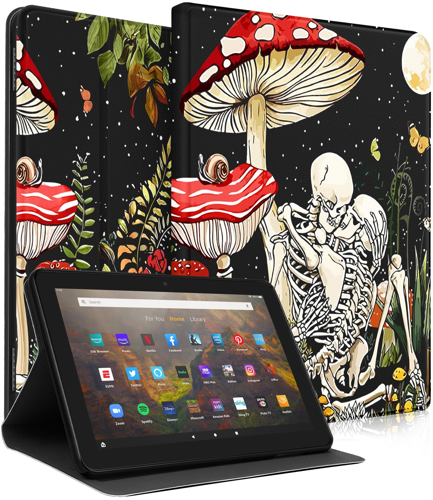 Wazzasoft Schutzhülle für Amazon Kindle Fire HD 10/10 Plus Tablet 13. / 11. Generation für Damen, Mädchen, Kinder, Jungen, Folio-Hülle, niedliches modisches Design, Gothic-Skelett-Totenkopf-Design