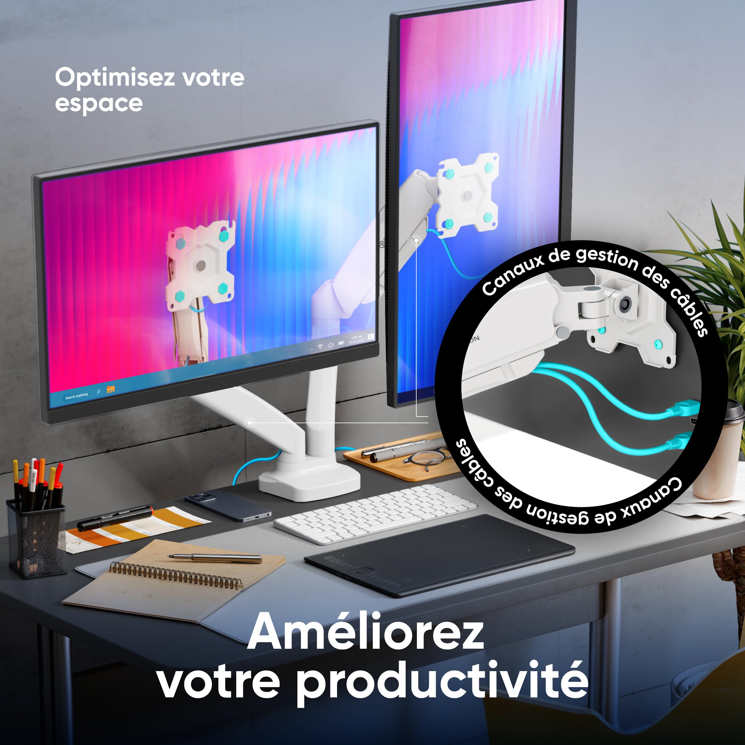 ONKRON G160 WHT Bras pour Moniteur PC, Support de Bureau pour Deux écrans Ordinateur 13 à 27 Pouces Blanc