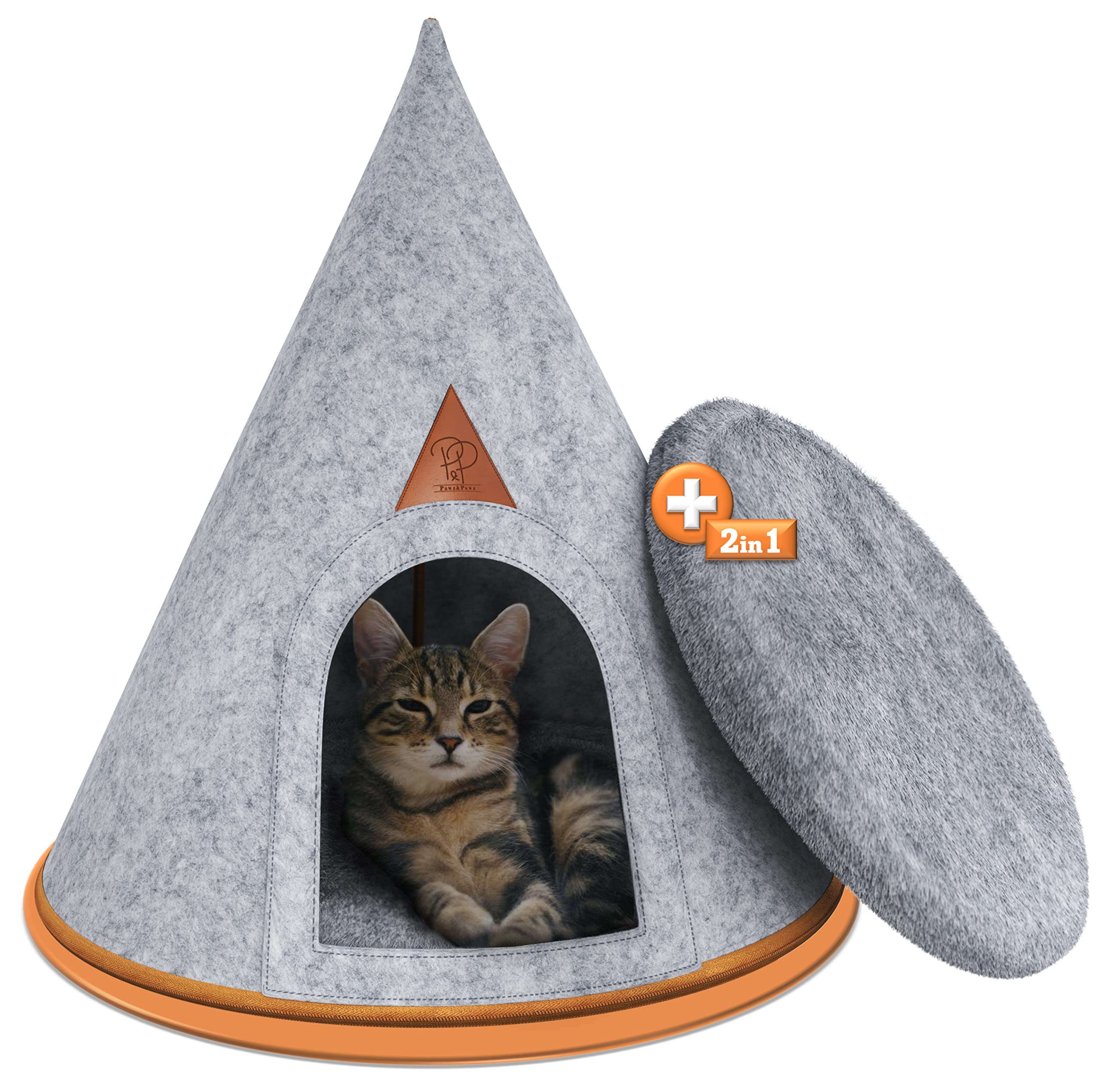 Pawz&Pawz Kattenmand, vilt + wasbaar kattenkussen, kattenhuis, kattenverstopplaats voor kleine en grote katten, kattenbed, kattenmand 60 cm x 55 cm, knuffelmand, kat om te slapen en te verstoppen, premium kattenmeubilair