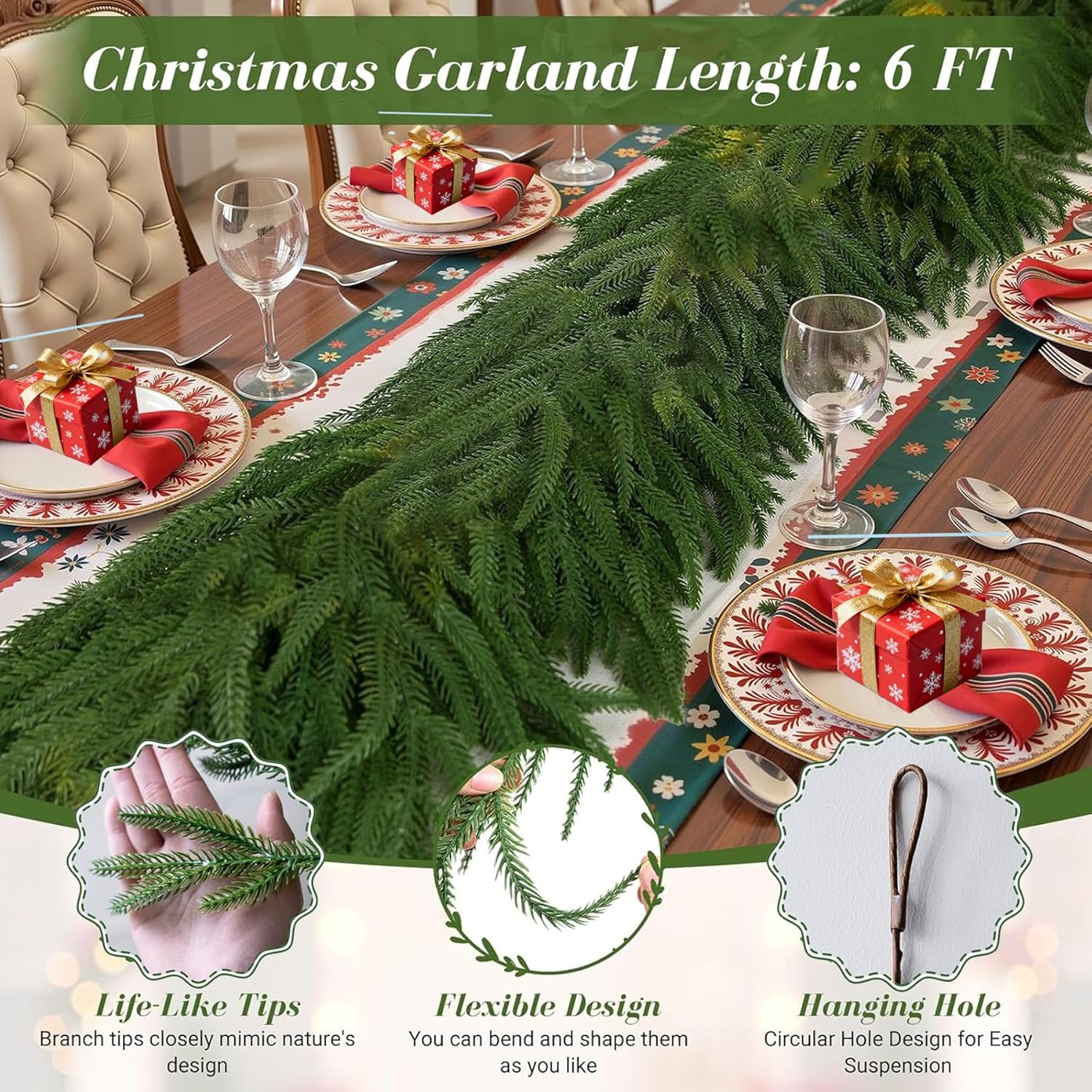 Christmas Norfolk Pine Garlands Soft Bendable Winter Pine Garland Real Touch Artificial Christmas Greenery Garland for Fireplace/Mantle/Table/Window/Stairs/Indoor or Outdoor Xmas Decor (6FT-1PC)