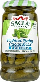 SACLA Pickled Baby Cucumbers | Italian Gherkin Pickles in Vinegar Brine | 10.59 oz Glass Jar | Crunchy & Tangy Antipasto | Non-GMO Vegan | Imported from Italy