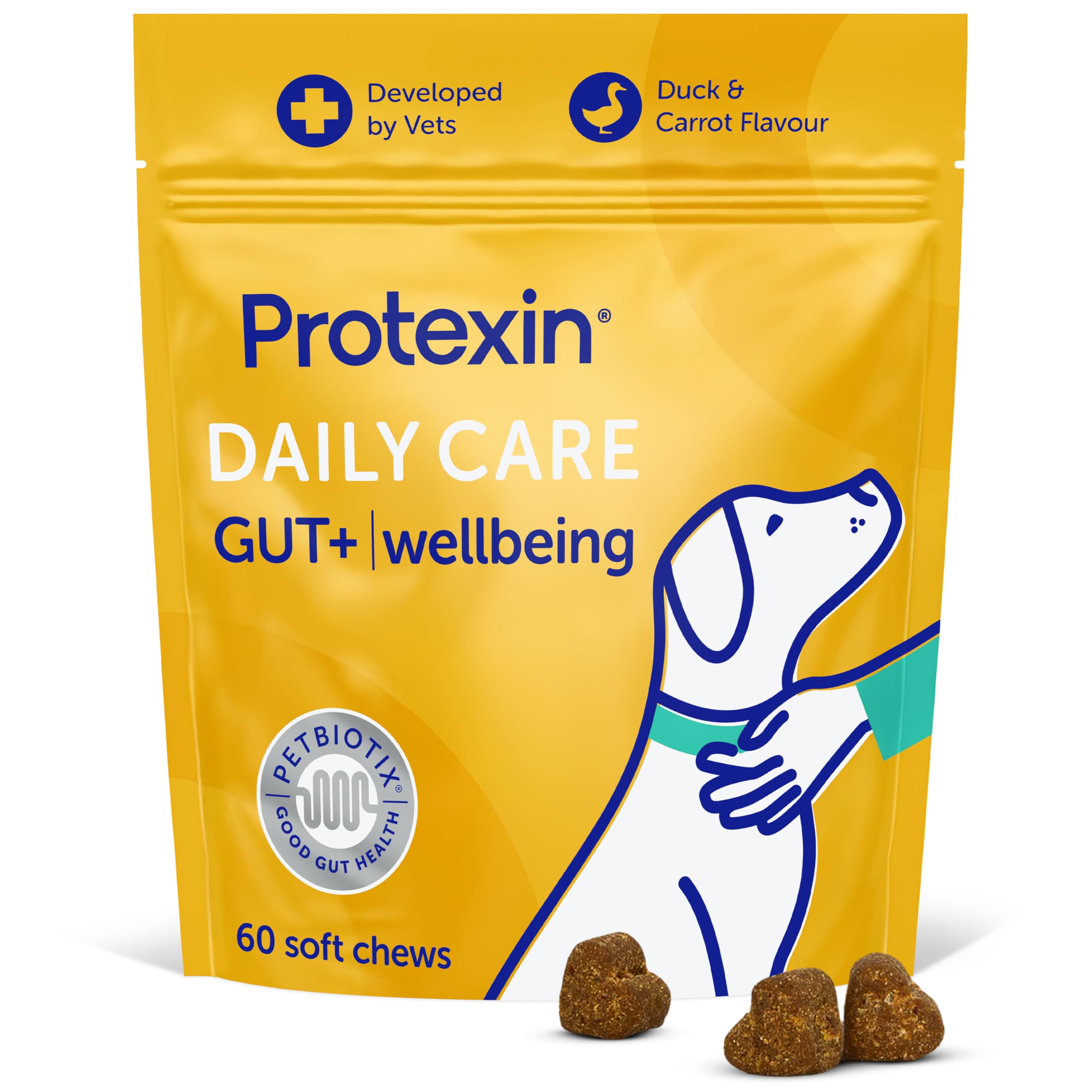 Protexin Daily Care Gut+ Wellbeing – Probiotic, Prebiotic & Postbiotic Chews for Dogs – Supports Gut Balance, Skin, Mobility & Immune Health – Duck & Carrot Flavour – 60 Soft Chews