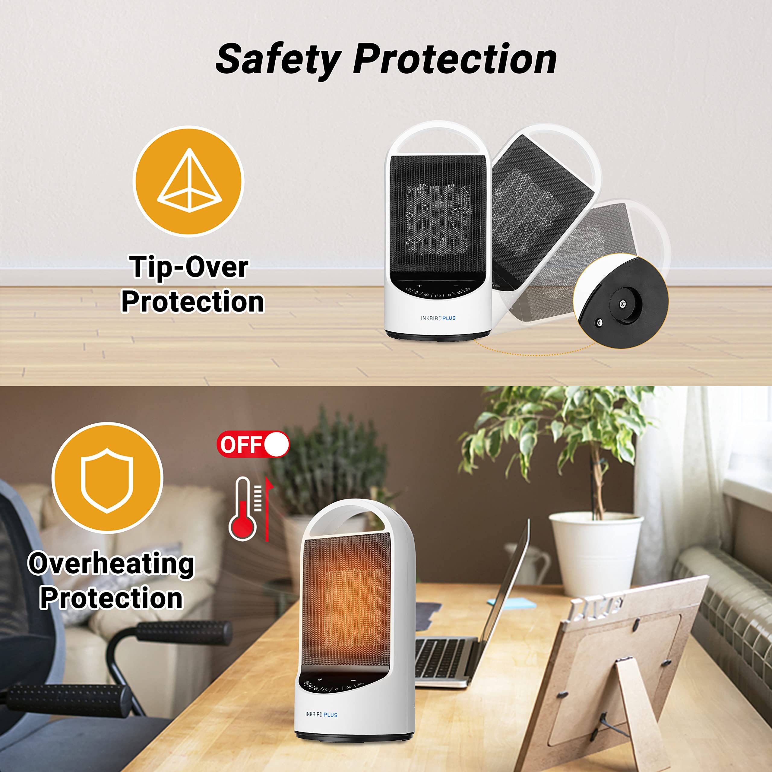 INKBIRDPLUS 1500W Electric Heaters for Indoor Use with Timer Remote and 3 Modes, Overheating &Tip-Over Protection for Office, Bedroom, Space Heater for Large Room