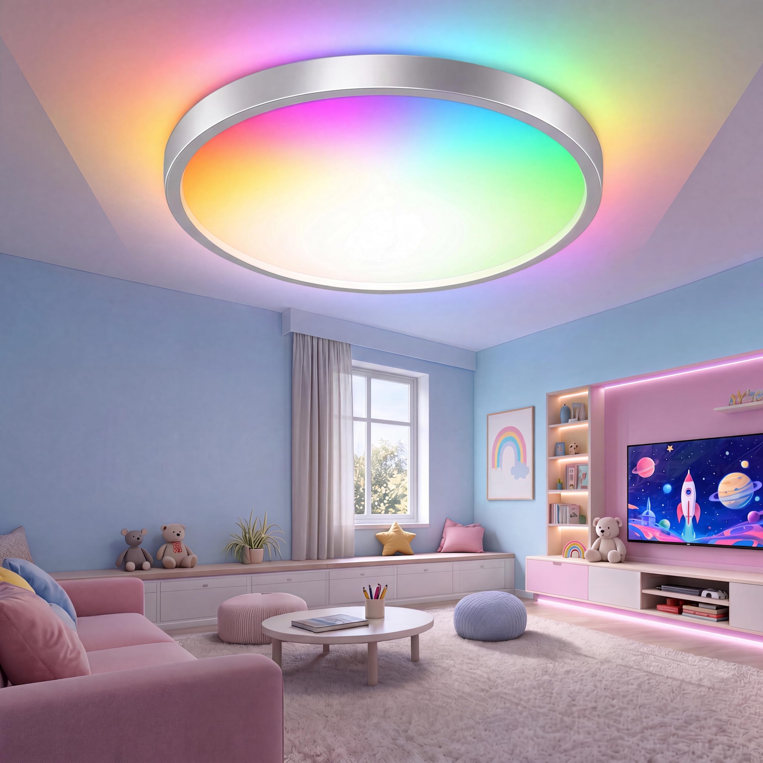 Lámpara de Techo LED Redonda 24W con Altavoz Bluetooth y Mando, 2000 Lm Dimmable, Marco Plateado, para Dormitorio, Sala de Estar
