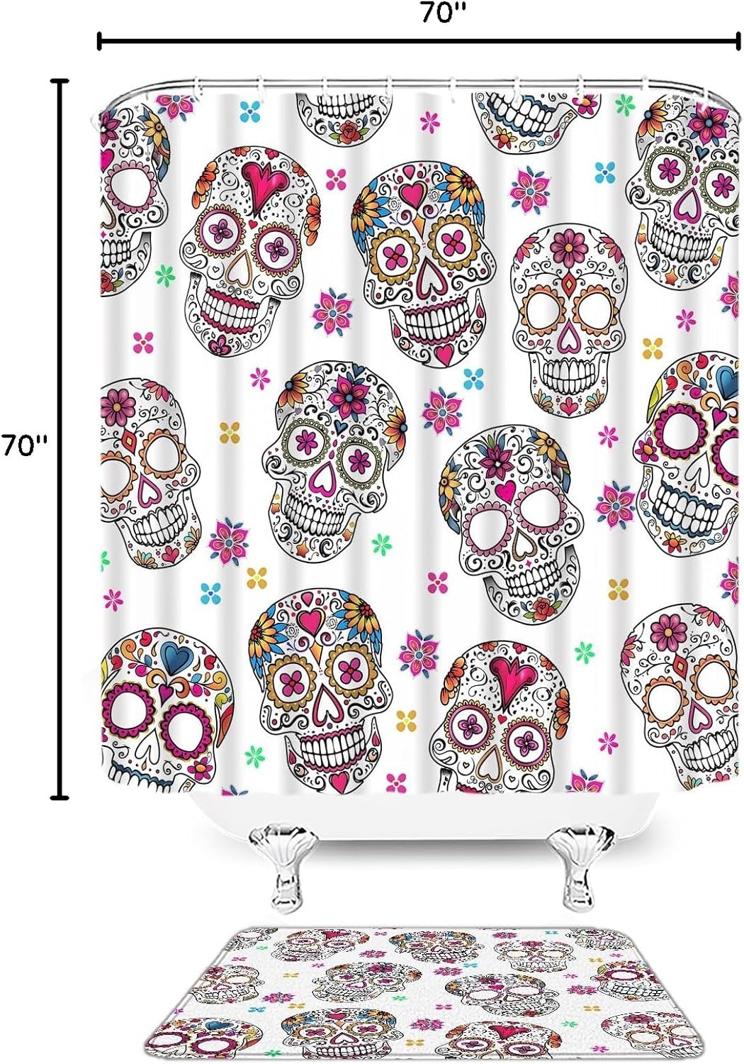 2 Pcs Shower Curtain Set Sugar Skull Bath Mat Skeleton Floral Mexican Day of The Dead Horror Boho Bathroom Bedroom Kitchen Rug Soft Memory Foam Backing Bath Mat 16x24 and Shower Curtain 70X70 Inch