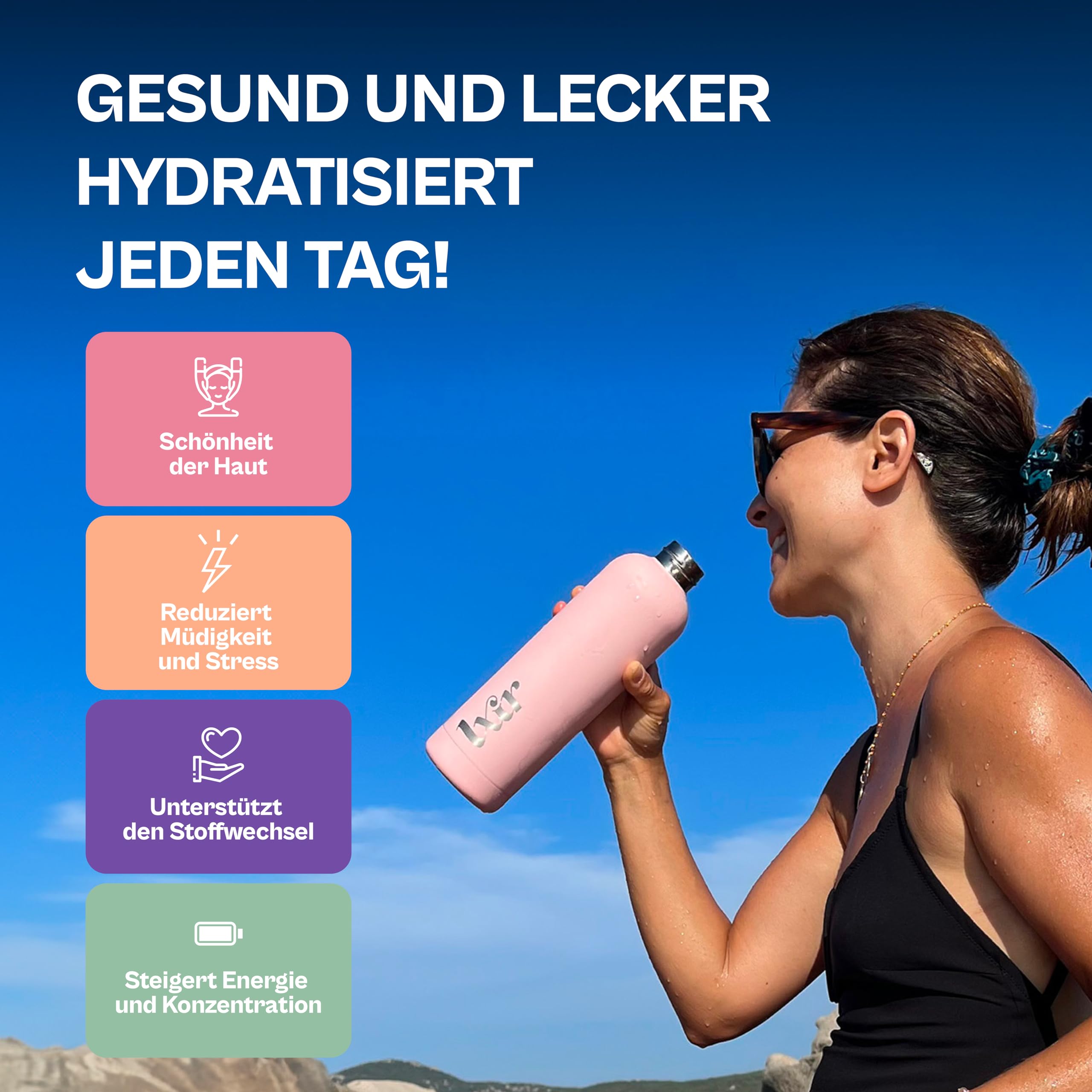 LXIR DRINK Multivitamin-Brausetabletten – Zuckerfrei, 5 Geschmacksrichtungen, mit Vitamin C & B-Komplex – Für tägliche Hydration, Energie & Haut-Schönheit – 60 Tabletten + Trinkflasche