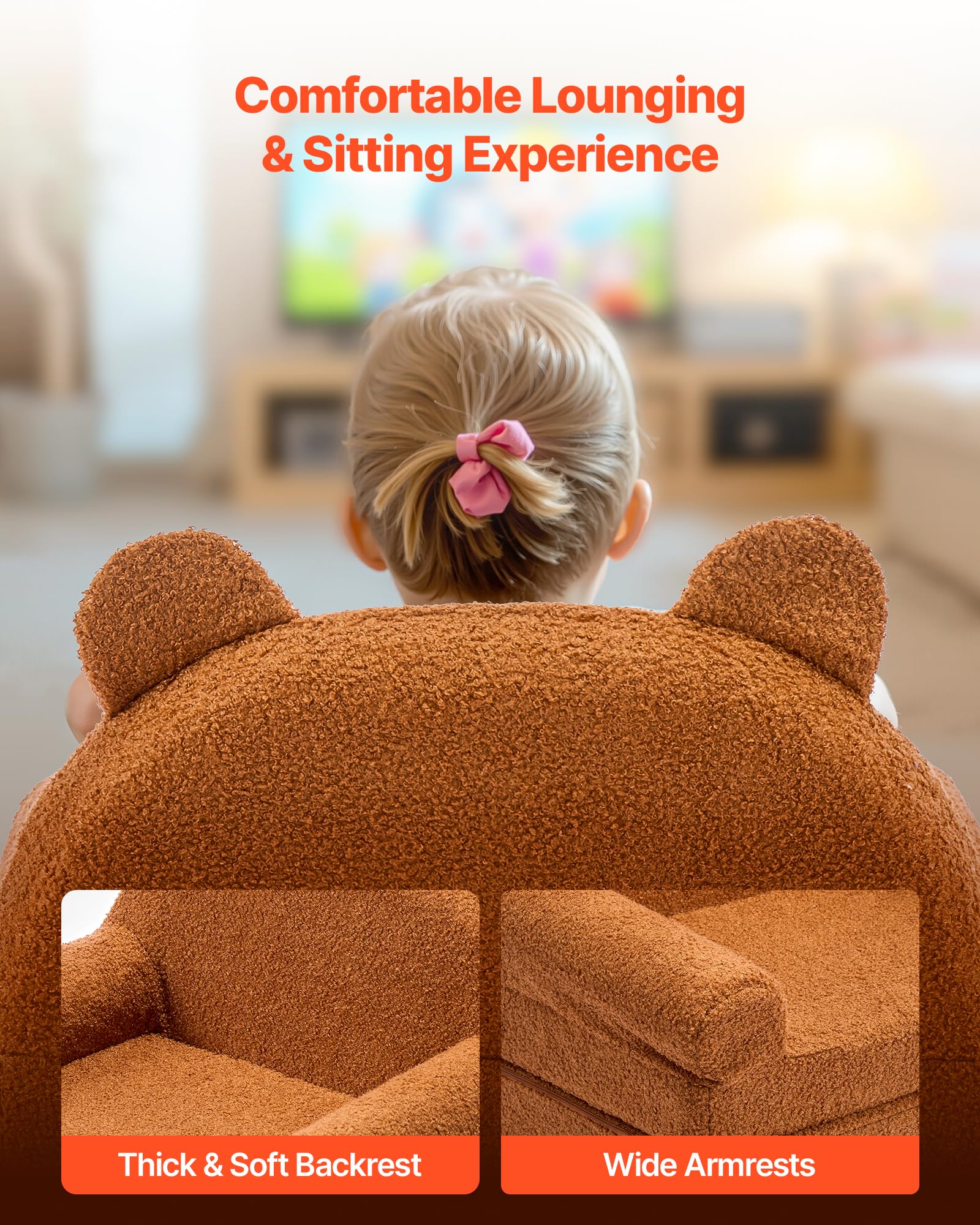 VEVOR Fauteuil pour Enfants Convertible 2-en-1, Canapé-lit Pliable et Moelleux, avec Accoudoirs, en Éponge 28D et Polaire Bouclette, Sofa Tout-Petits pour Chambre d’Enfants Salle de Jeux, Marron, M