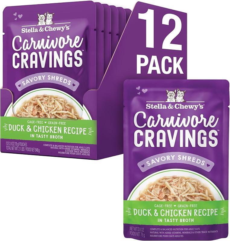 Ração úmida para gatos Stella & Chewy's Carnivore Cravings com pato e frango, sachês de 79 g, pacote com 12