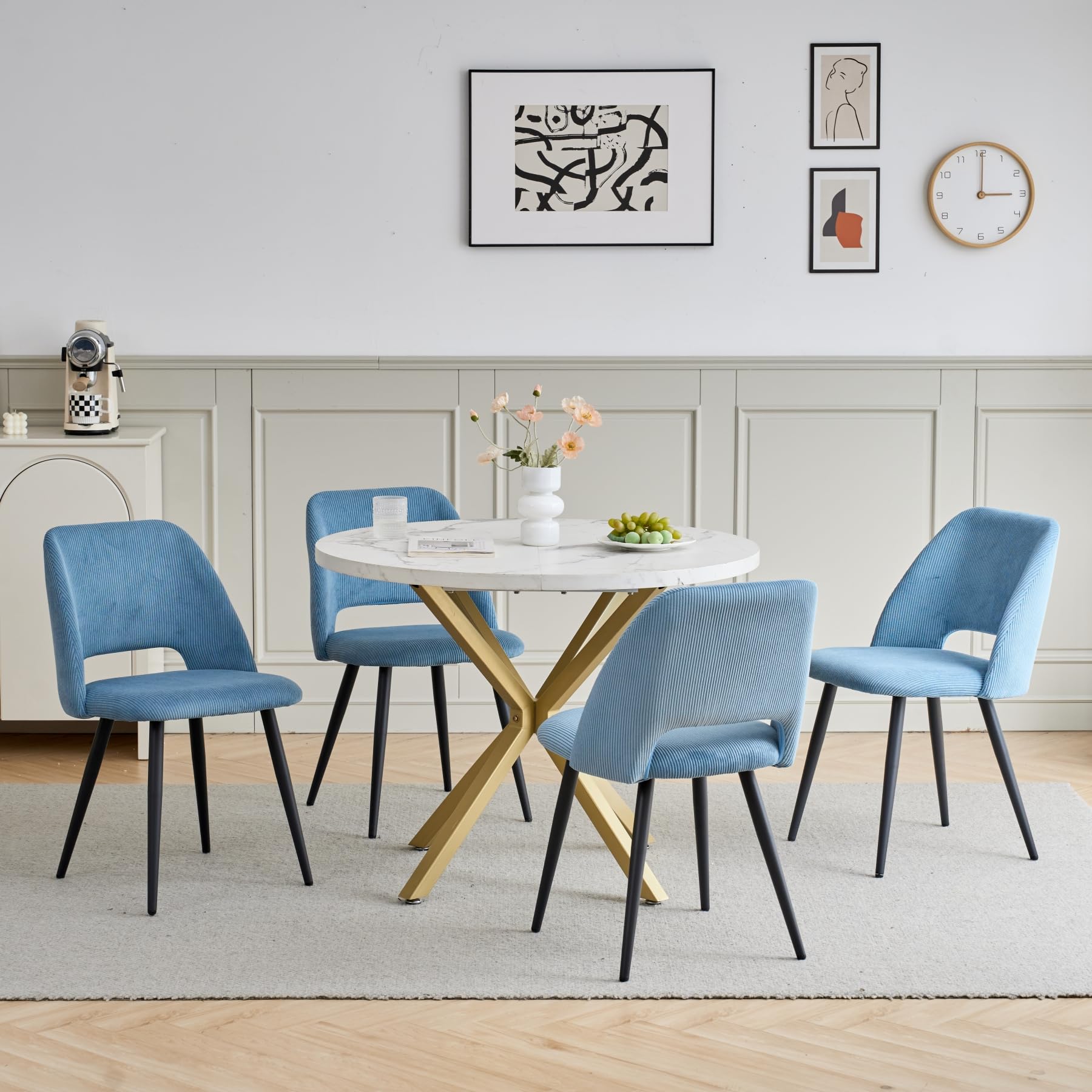 Set Tavolo da Pranzo e Sedie, Tavolo da Pranzo Rotondo in MDF da 100 CM, 4 Sedie da Cucina in Velluto a Coste con Schienale Cavo, per Soggiorno, Cucina (Motivo Marmoreo-GD + Blu)