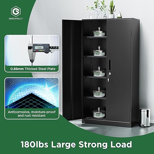 Miniatura 7 de Greenvelly Armario de metal para garaje, armario de almacenamiento grande de 72 pulgadas con 2 puertas y 4 estantes ajustables, gabinetes de