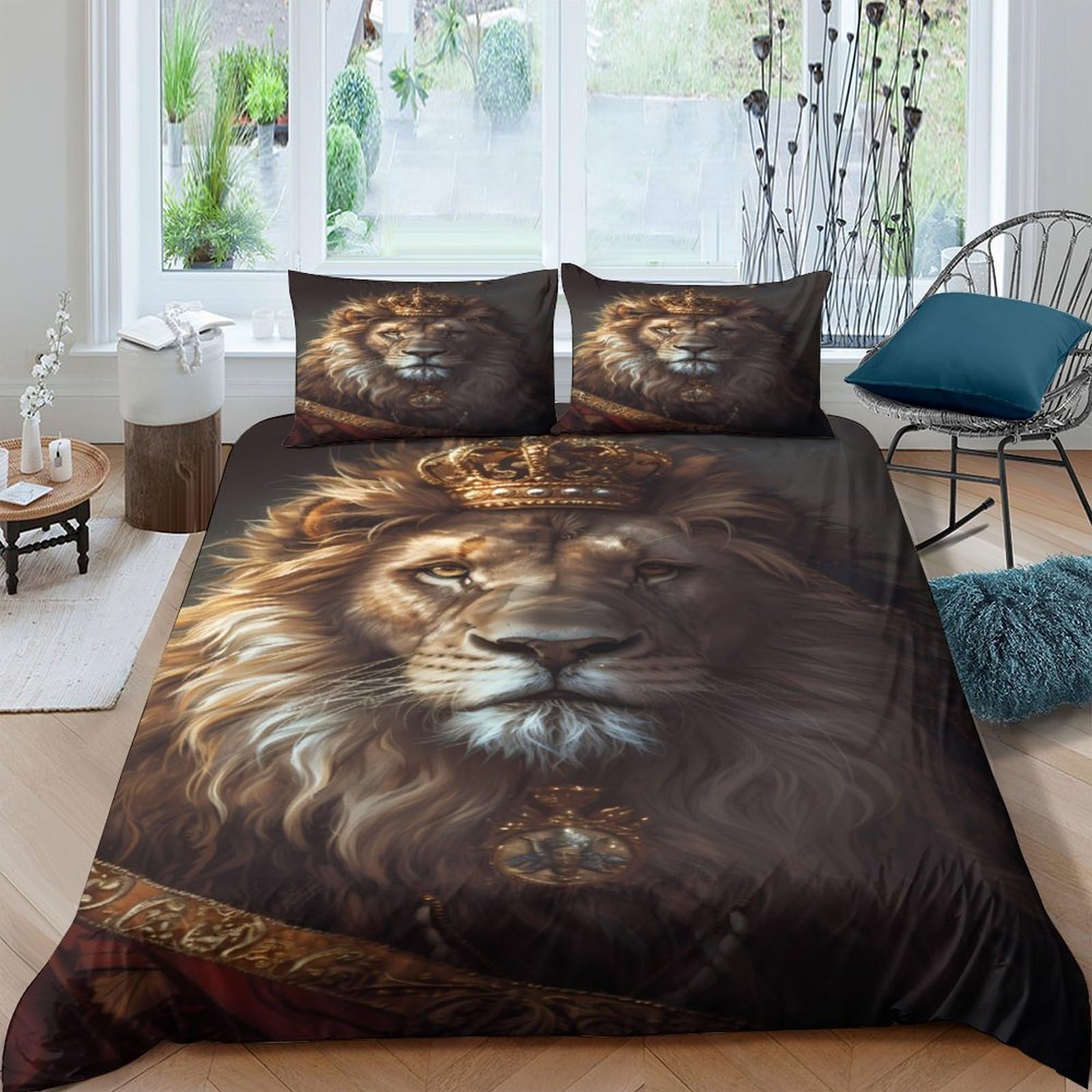 3D Printed Lion Face Duvet Cover Microfiber Soft Breathable Wild Animal Bedding Set with 2 Pillowcases for Bedroom Decor Single（135x200cm）