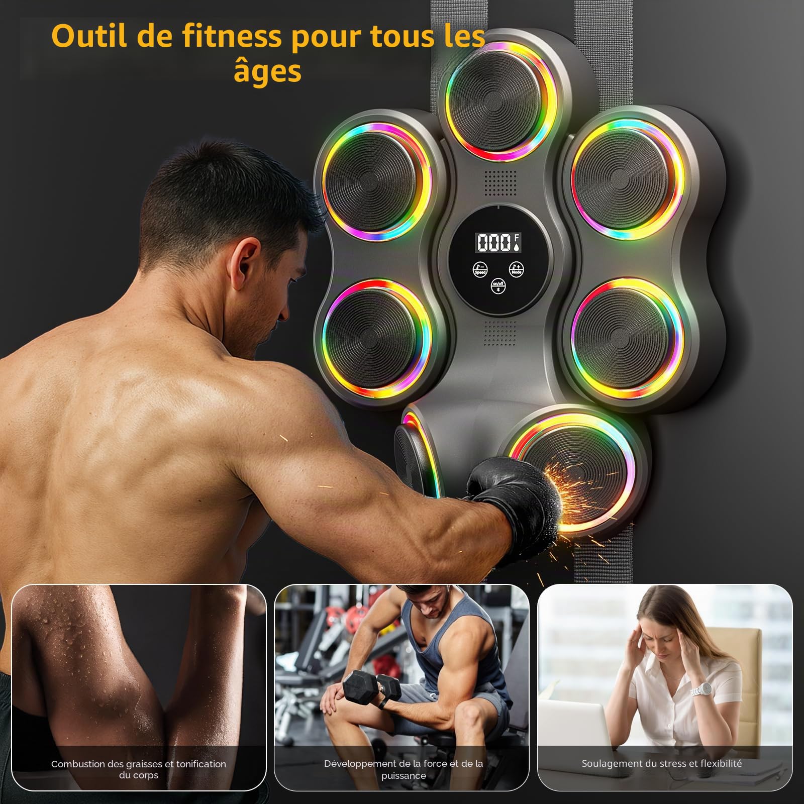 Machine de boxe musicale avec gants de boxe, entraîneur de boxe Bluetooth intelligent, machine de montage mural pour adultes et enfants, cible de boxe électronique pour la maison, le bureau, la salle