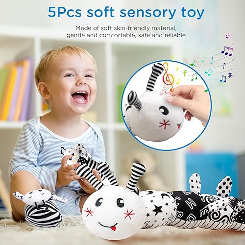 Miniatura 3 de Juguete de peluche musical de oruga para bebés y calcetines de sonajero de muñeca, texturas multisensoriales, arrugado, con regla y anillo de