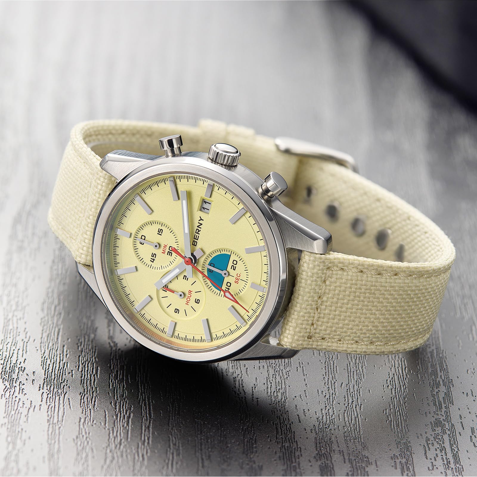 BERNY Reloj cronógrafo para hombre, resistente al agua hasta 50 m, reloj de cuarzo analógico masculino, reloj de pulsera multifunción, cronómetro AR cristal de zafiro