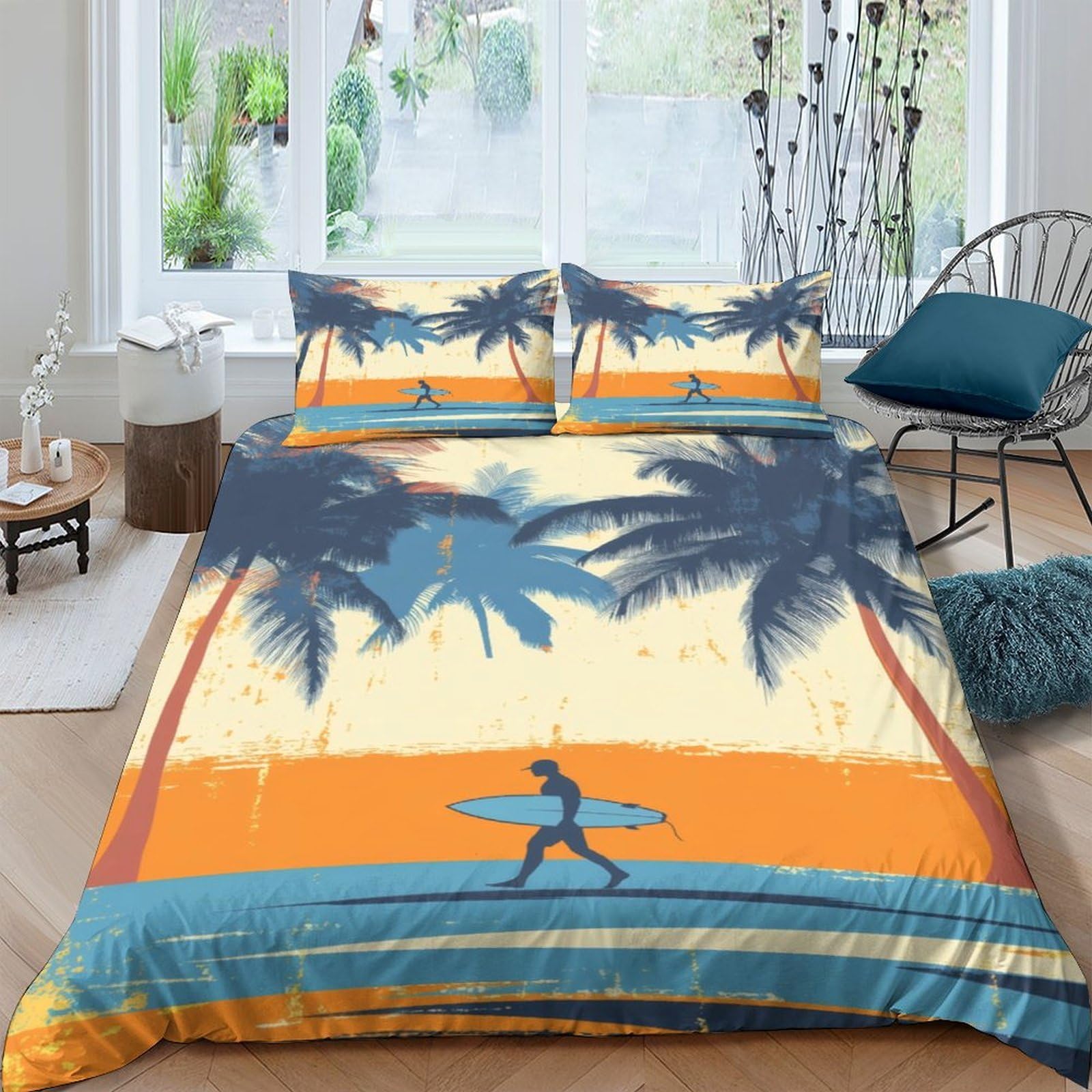 Ctjqhvkz Style-4 3D Printed Sunset Palm Beach Fitted Sheet Microfiber Soft Breathable Surfer Mattress Cover For Bedroom Decor Single（135X200cm）