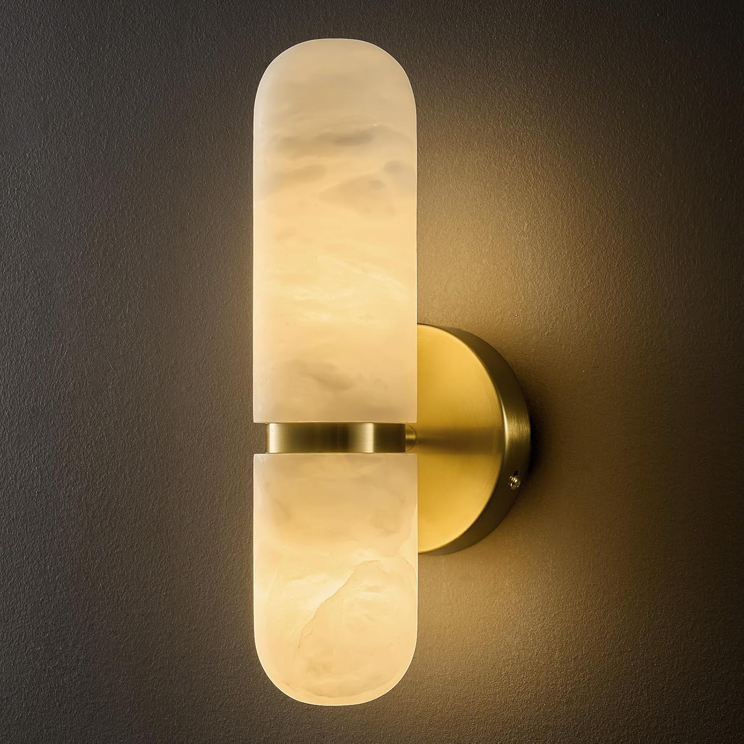 Natural Alabaster Brass Wall Sconce - Modern Luxury Spanish Stone Cylinder Sconces with Bulb - Brushed Gold Indoor Dimmable Lighting Fixture - Vanity Decor Light for Bedroom Bathroom Living Room Stair