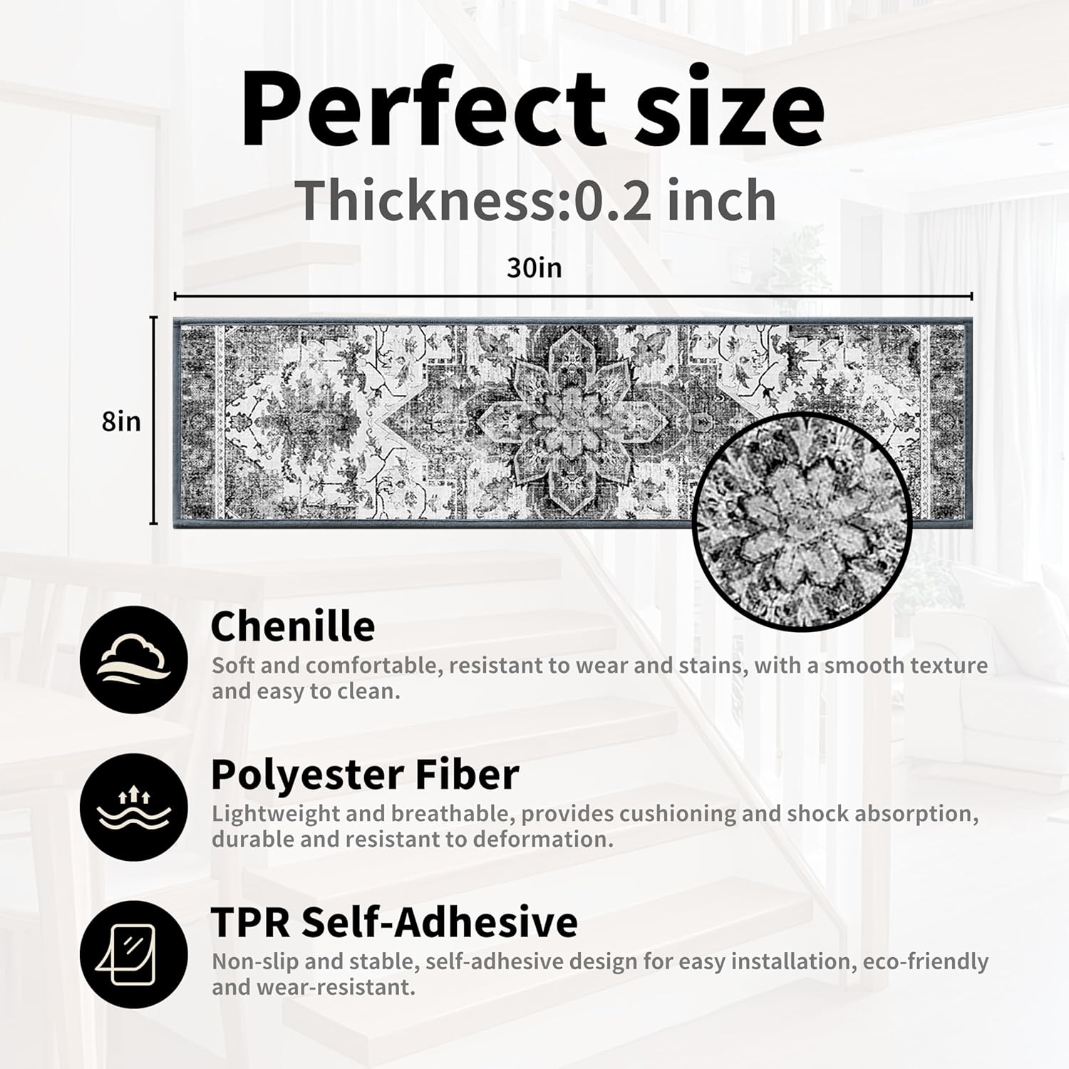 Non-Slip Carpet Stair Treads 15PCS, 8"x30" Peel and Stick Stair Runner for Wooden Steps Indoor, Washable Reusable Adhesive Backing, Pet-Friendly Safety Mats for Kids, Elders, Dogs