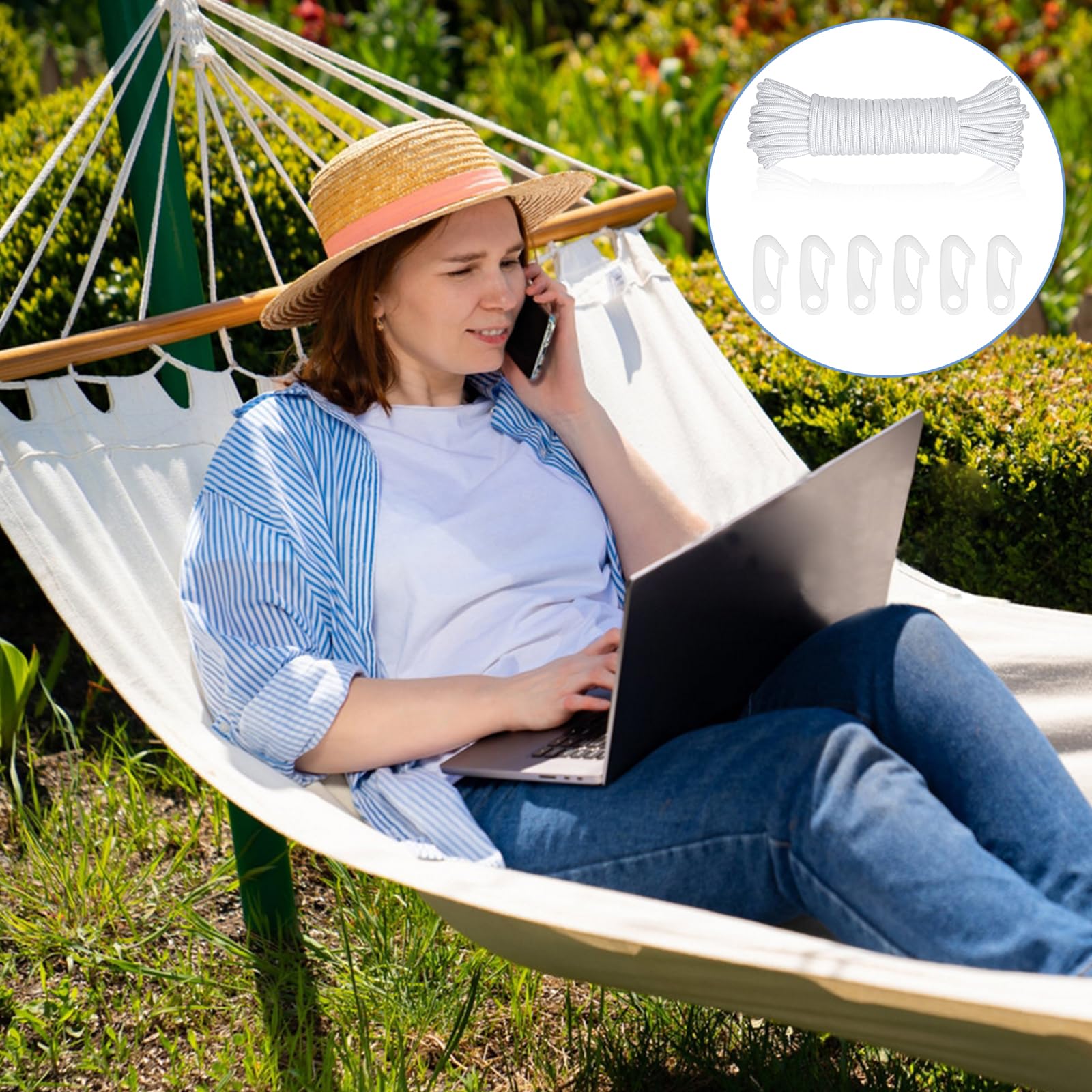 Corde Pour Drapeau 20 M - Polyester 6 Mm - Résistante Aux Intempéries - Avec 6 Crochets Métalliques - Blanc