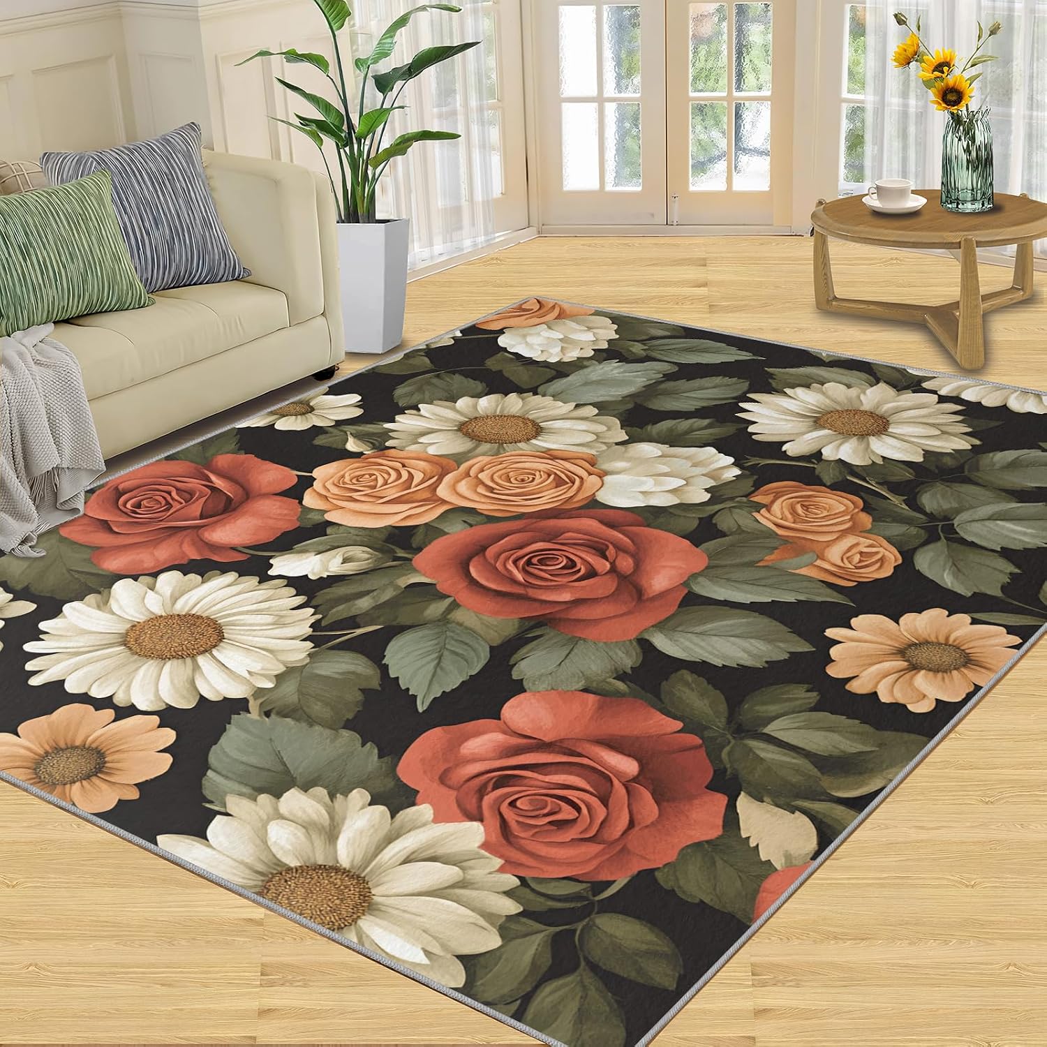 2x6 Rustic Floral Runner Rugs - Vintage Flowers Kitchen Runner Rug, Flowers Laundry Room Rug Non Slip for Inside Outdoor House Hallway Anti Fatigue Decor