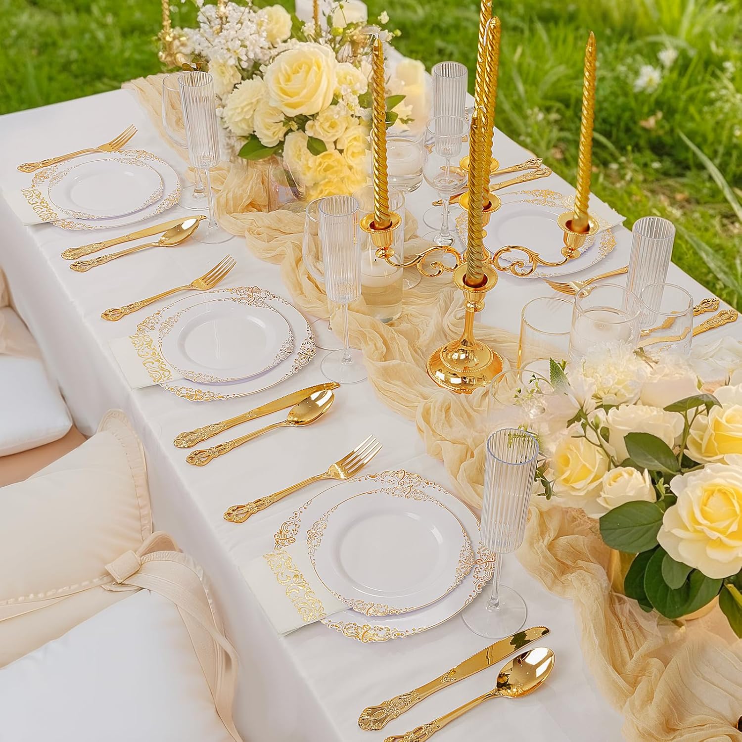 Ciaell 300PCS White and Gold Plastic Plates - Gold Disposable Dinnerware Sets for 50 Guests - 100 Plates, 50 Knives, 50 Forks, 50 Spoons, and 50 Napkins for Wedding, Anniversary, Party - Image 4