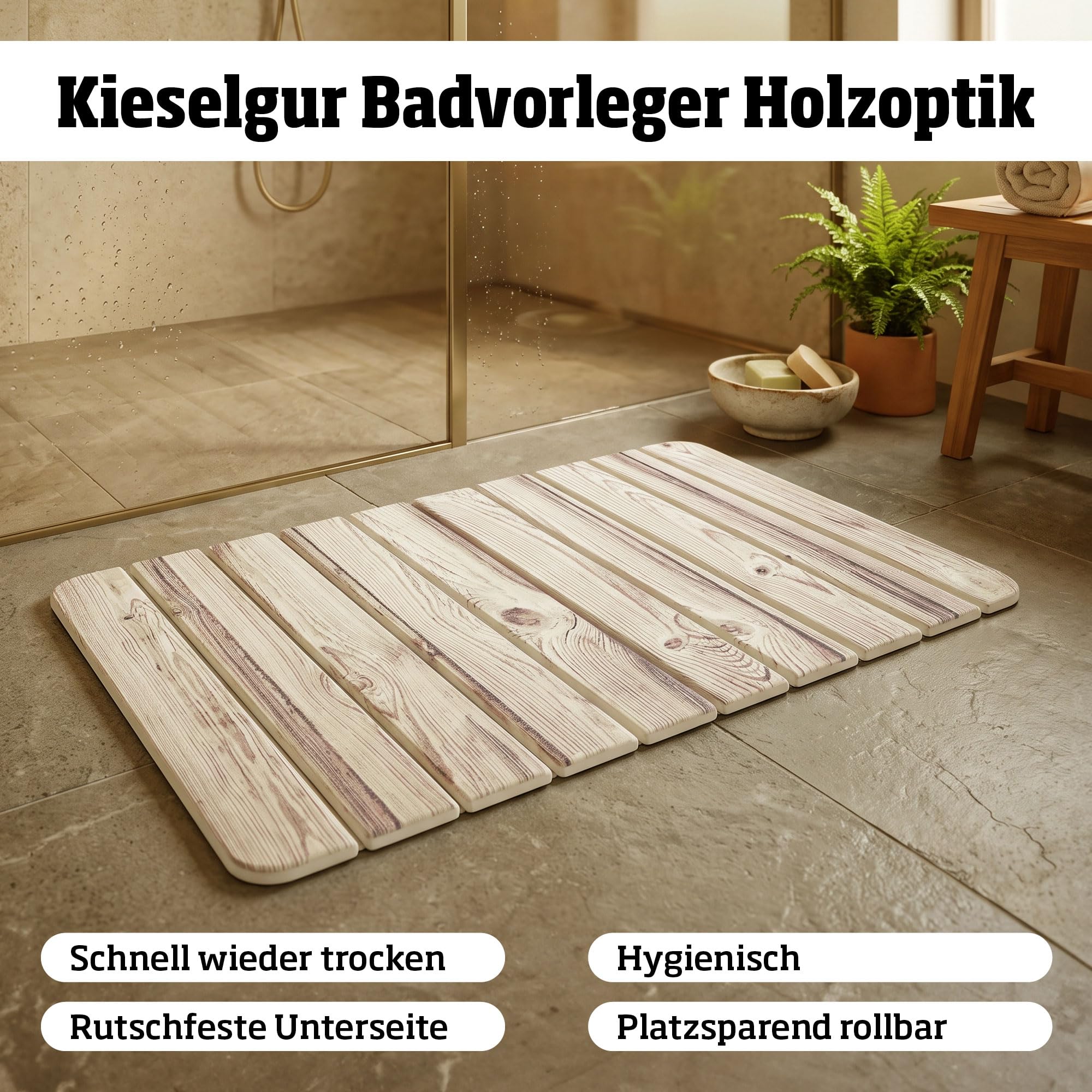 EUROtops Alfombra de baño de diatomeas – 60 x 39 cm (efecto madera)