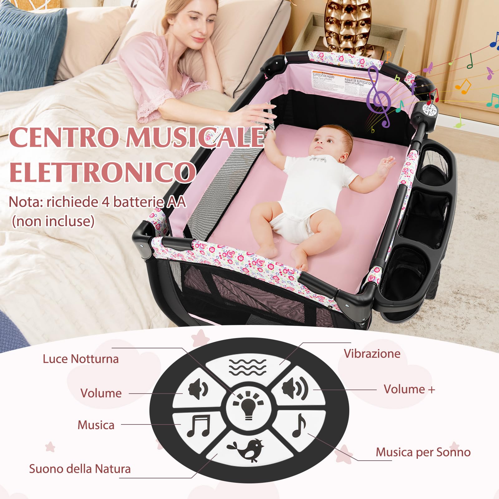 RELAX4LIFE 4 in 1 Lettino Neonato da Campeggio, Culla Next to Me con Fasciatoio, Culla Neonato Fianco Letto, Ruote Bloccabili e Borsa per il Trasporto, per Bambini 0-36 Mesi (Nero+Fiore)