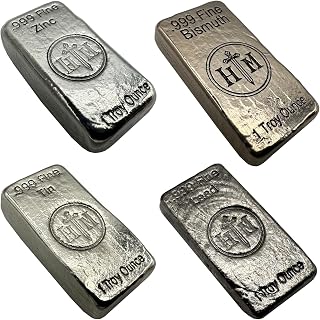 4-Pack Hand Poured Metal Bullion Bars – 1 Troy Ounce Each of 99.9% Pure Lead, Bismuth, Zinc, and Tin Elements for Display, Science Experiments, or DIY Casting