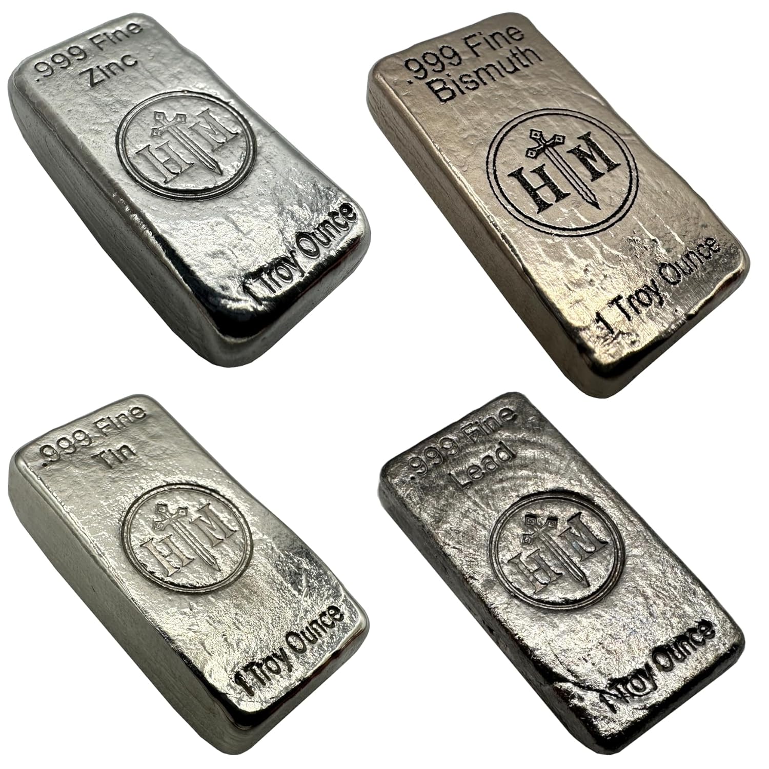 1 oz Hand Poured Elemental Bullion Bars - 99.9% Pure Metal Ingots of Zinc, Bismuth, Tin, Lead - Metal Collection for Science, Display or Desk Decor Made in USA (4 Pack)