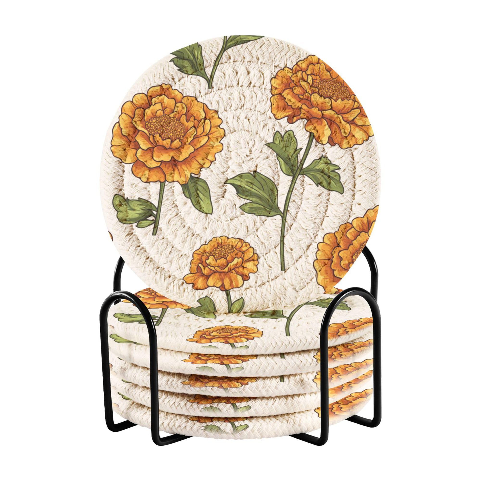 Smazdfxx Women's As Pic Nature Marigold White Cotton Rope Coasters With Holder Set Of 6 Table Coasters