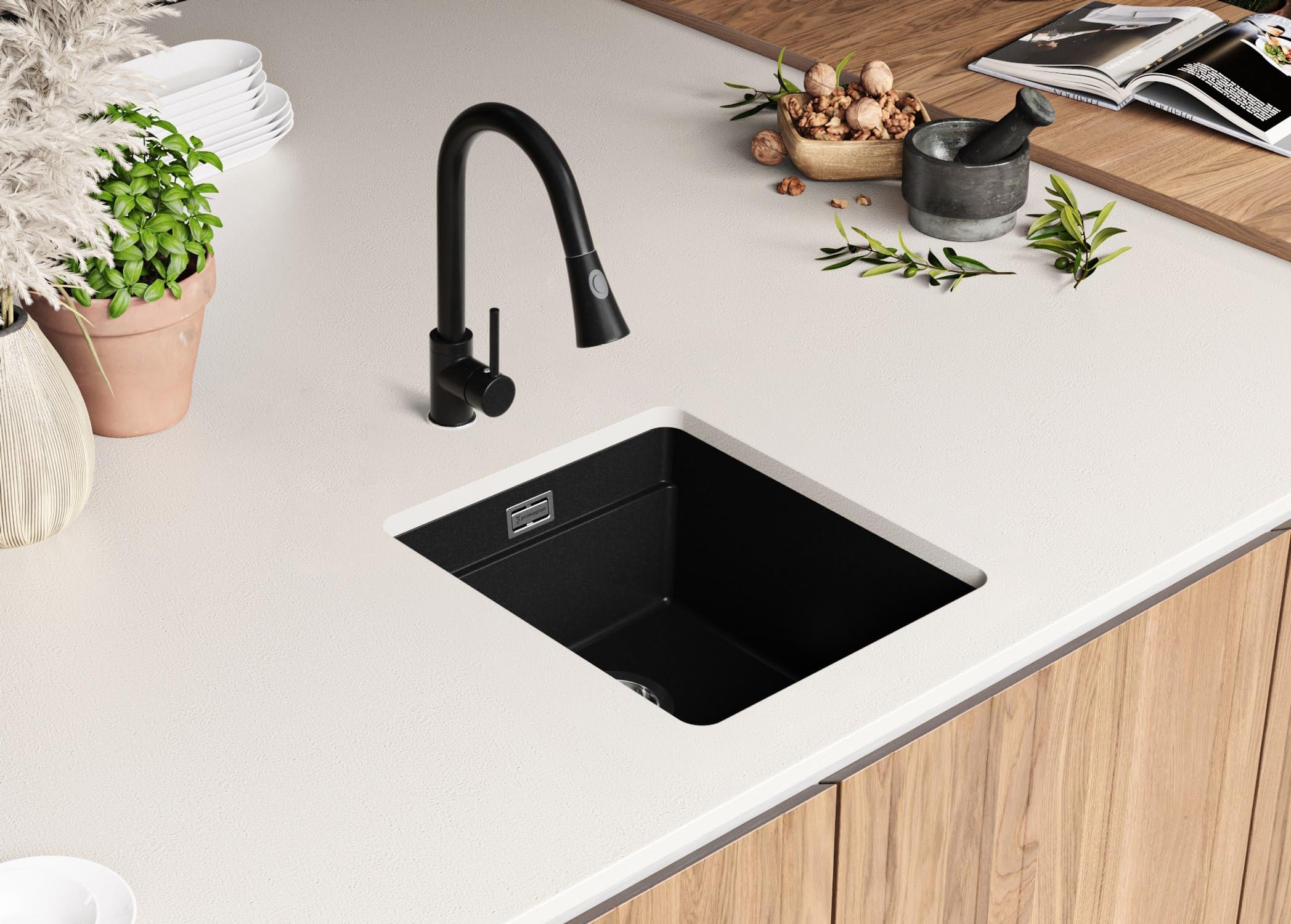 PRIMAGRAN Fregadero bajo Encimera Todo Negro 41x47cm, Cocina 1 Seno + Sifón + Enrollable Escurridor, Granito al Mueble 45cm - Prague Level S137