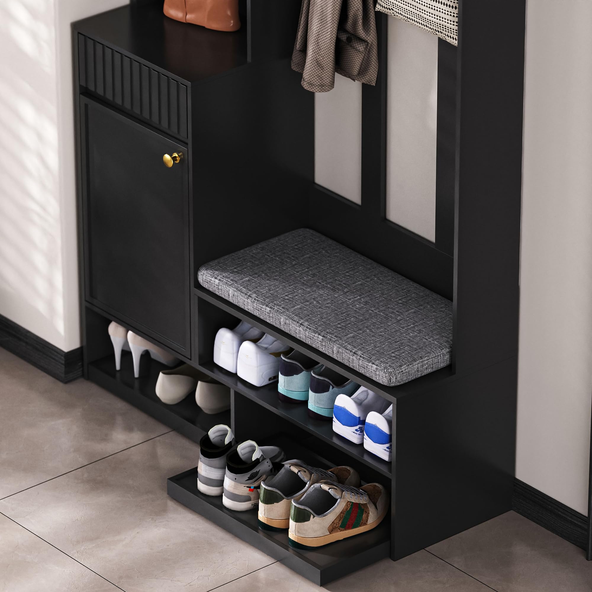 Meuble d'entrée 100x35x180cm, Penderie de Couloir avec Banc, Armoire à Chaussures, 4 Crochets, casier, 2 tiroirs, Panneau perforé Pratique, Porte-Manteau pour entrée (Noir-71S)