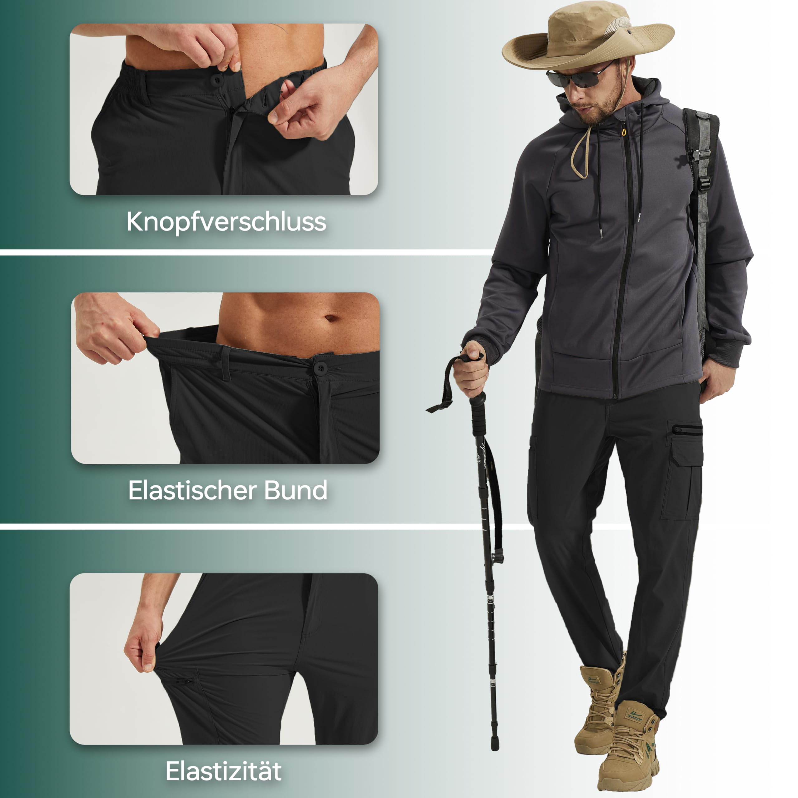NATUVENIX Wanderhose Herren Leichte Atmungsaktiv Outdoorhose mit 7 Taschen | Schnelltrocknende Stretchstoff, wasserabweisende Beschichtung, ideal für Somme Reisen,Arbeitsanwendungen und Außeneinsätze.