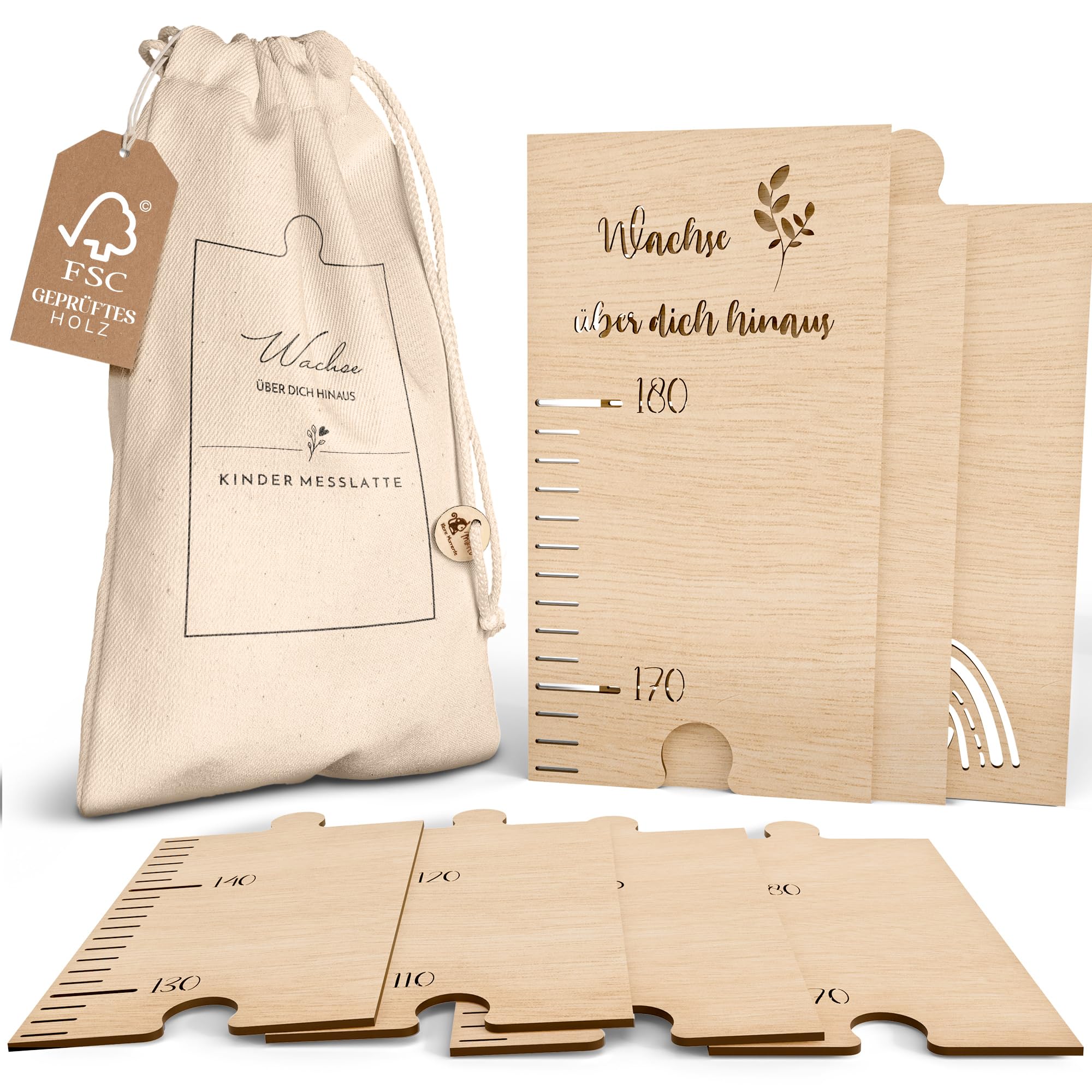 Mikito Holz Messlatte für Kinder zum festhalten ihres Wachstums inkl. Wandbefestigung | Wanddekoration für Kinderzimmer Babyzimmer für Mädchen und Junge | Messleiste aus natürlichem Holz als Puzzle