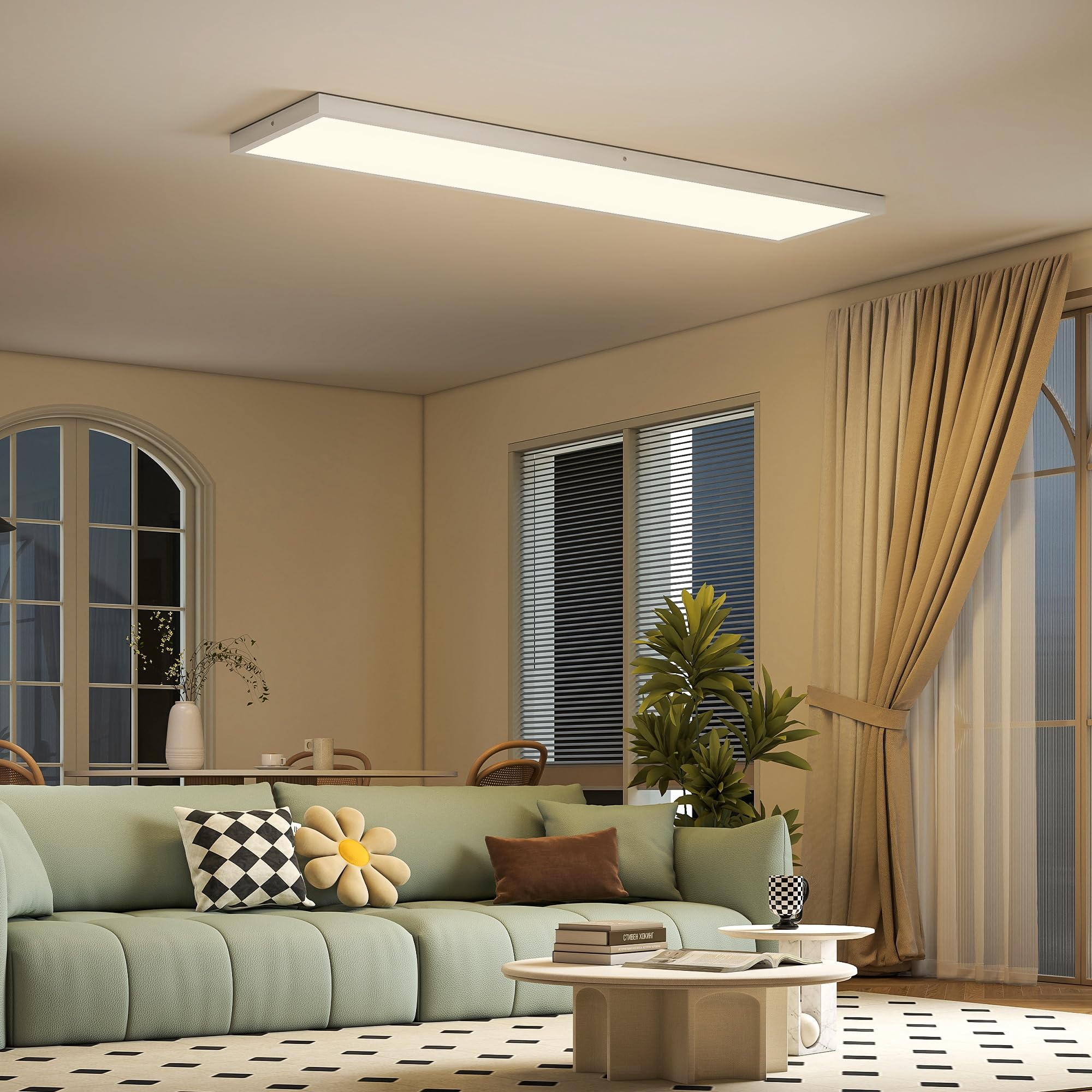 HOMCOM Juego de 4 Lámparas de Techo Color Regulable 120x30x3,7 cm Blanco | Plafones LED de Techo, Interruptor DIP y Interruptor de Pared, 3000K/4000K/6000K, 2500 lm, 24 W, para Salón, Oficina