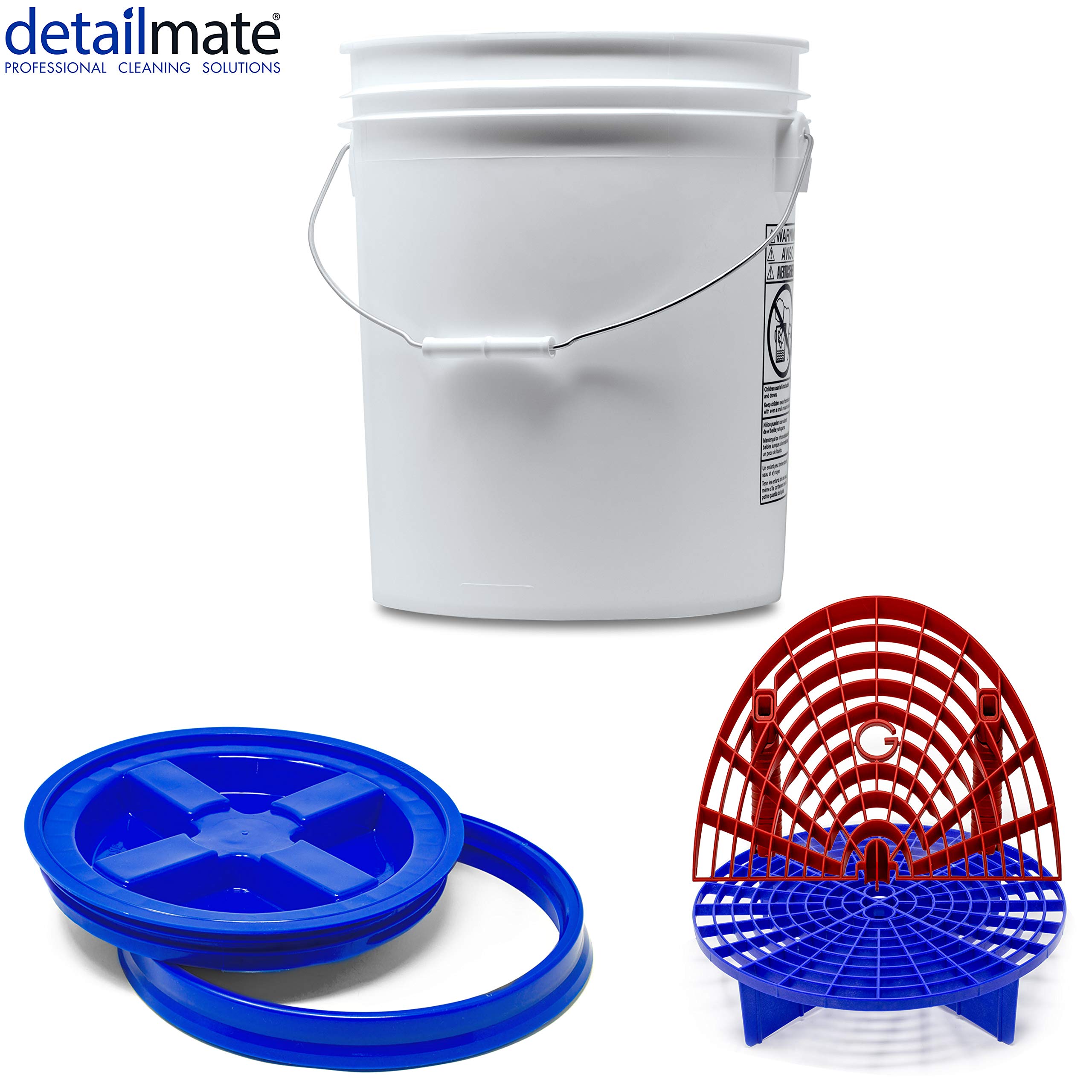 Detailmate professionelles Wasch Eimer Set: Magic Bucket Wascheimer 5 GAL (ca. 20 Liter), Gamma Seal Eimerdeckel blau, GritGuard Schmutz Einsatz blau, GritGuard Washboard rot
