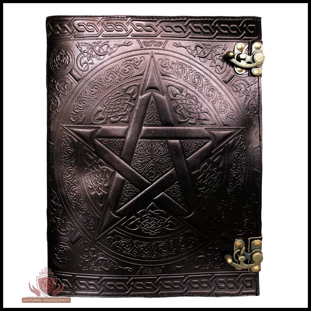 Natural Handicraft Handmade Black Pentagram Embossed Leather Journal Pentacle Book of Shadows Notebook Diary Appointment Organizer Daily Planner Office Diary Wicca Pagan 7 x 10 inches