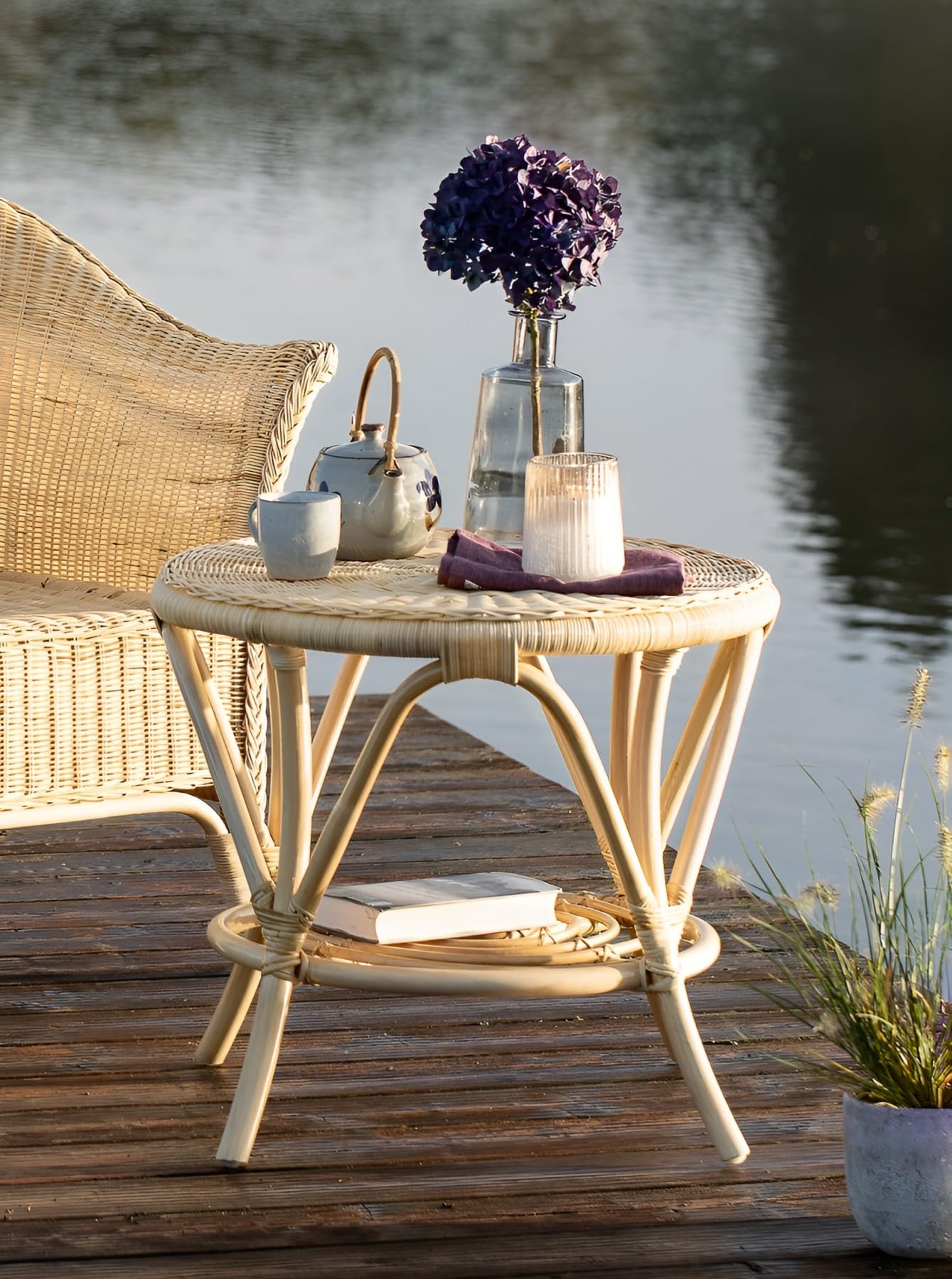 Dekoleidenschaft Table d'appoint en rotin laqué naturel, ronde, Ø 62 cm, table d'appoint, table basse, table de salon