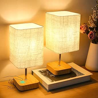 Totofac Touch Control Table Lamp Set of 2, Dimmable Touch Control Nightstand Lamps,Small Lamp Wood Base Beige Flaxen Fabric Shade for Bedroom,Living Room,Office,Dimmable Bulb Included